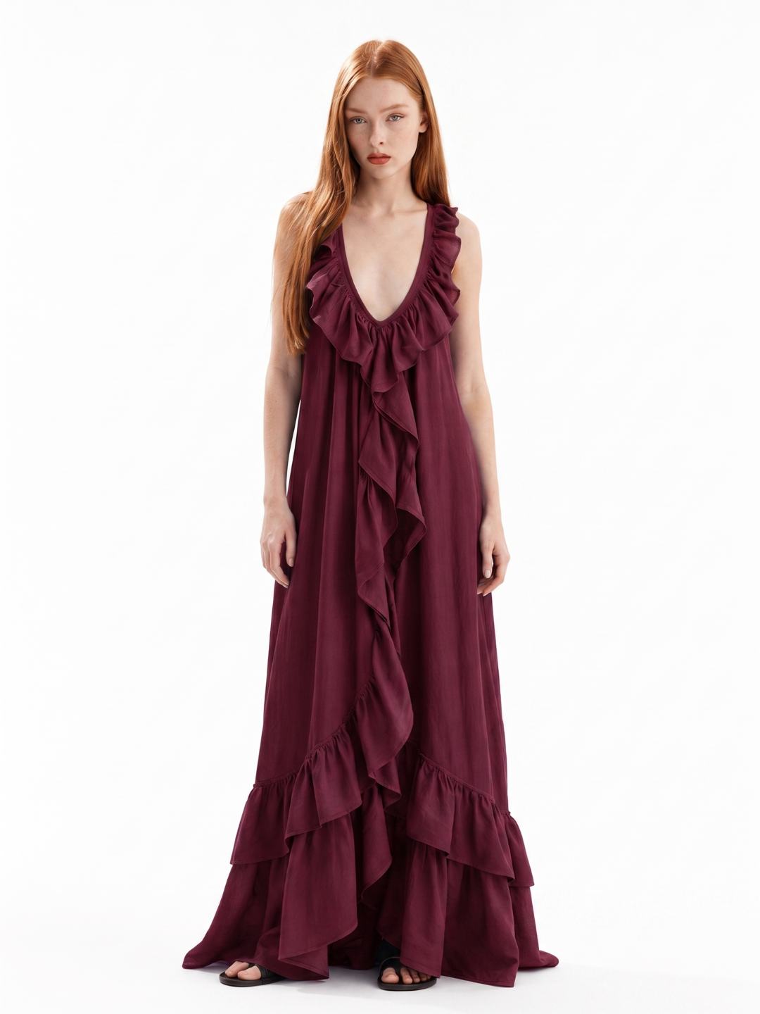 REIGN Women's Sleeveless Ruffle V-Neck Boho Maxi Dress