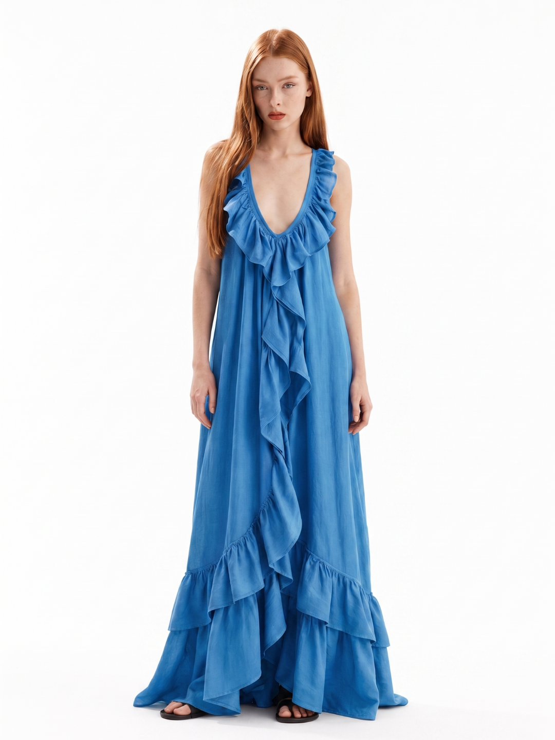 REIGN Women's Sleeveless Ruffle V-Neck Boho Maxi Dress