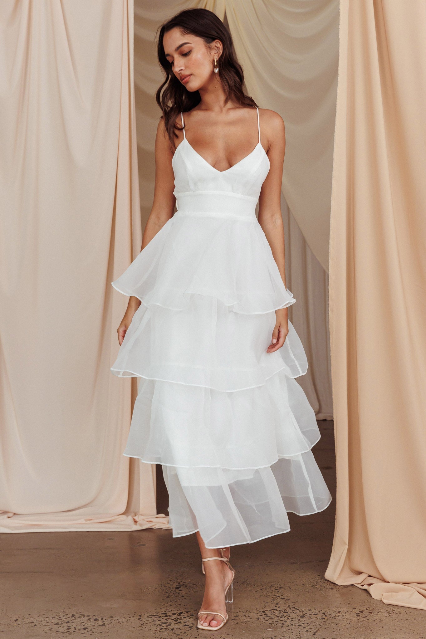 Cleo | Organza V-Neck Tiered Ruffle Midi Dress