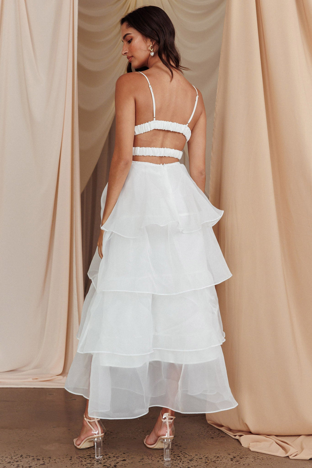 Cleo | Organza V-Neck Tiered Ruffle Midi Dress