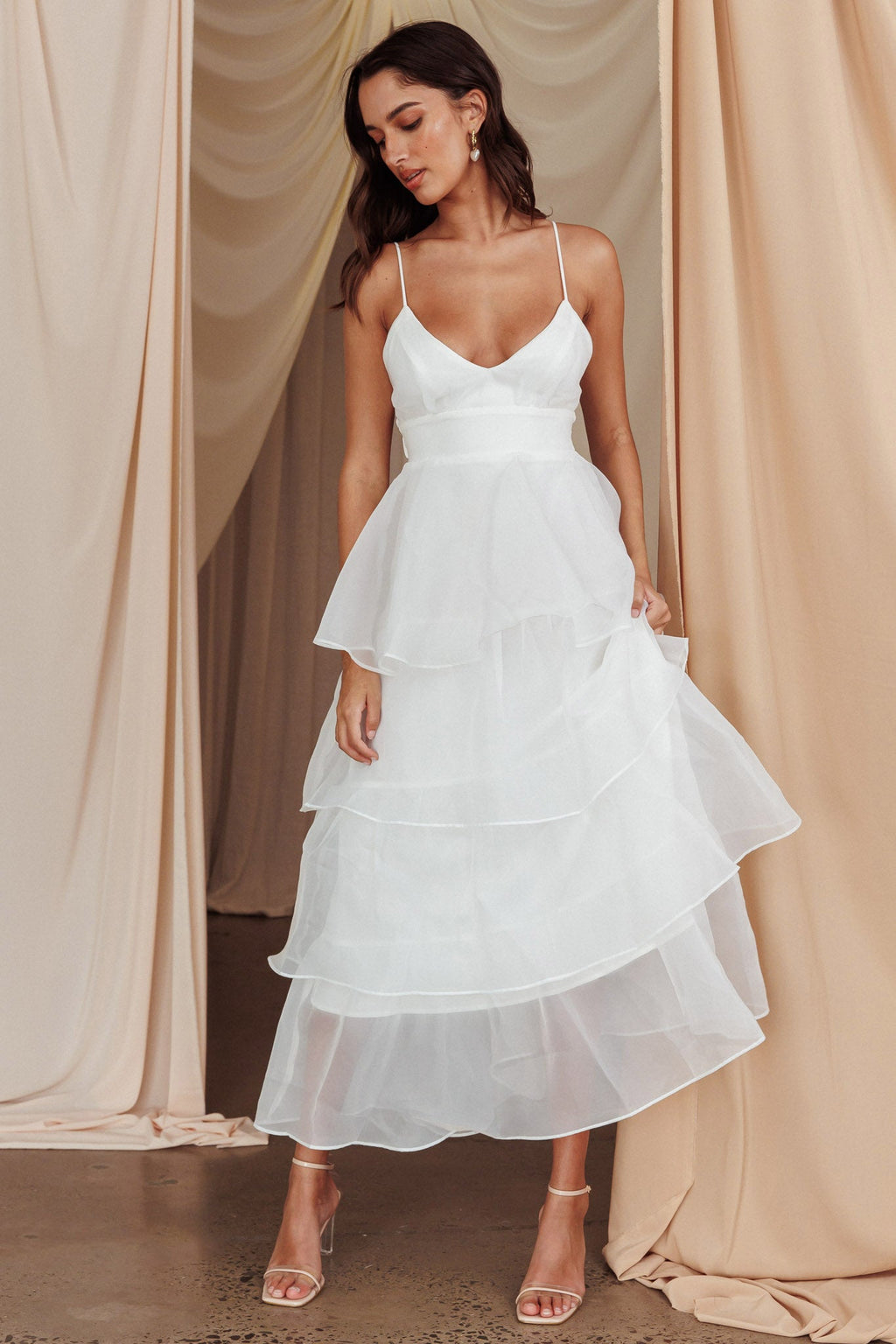 Cleo | Organza V-Neck Tiered Ruffle Midi Dress