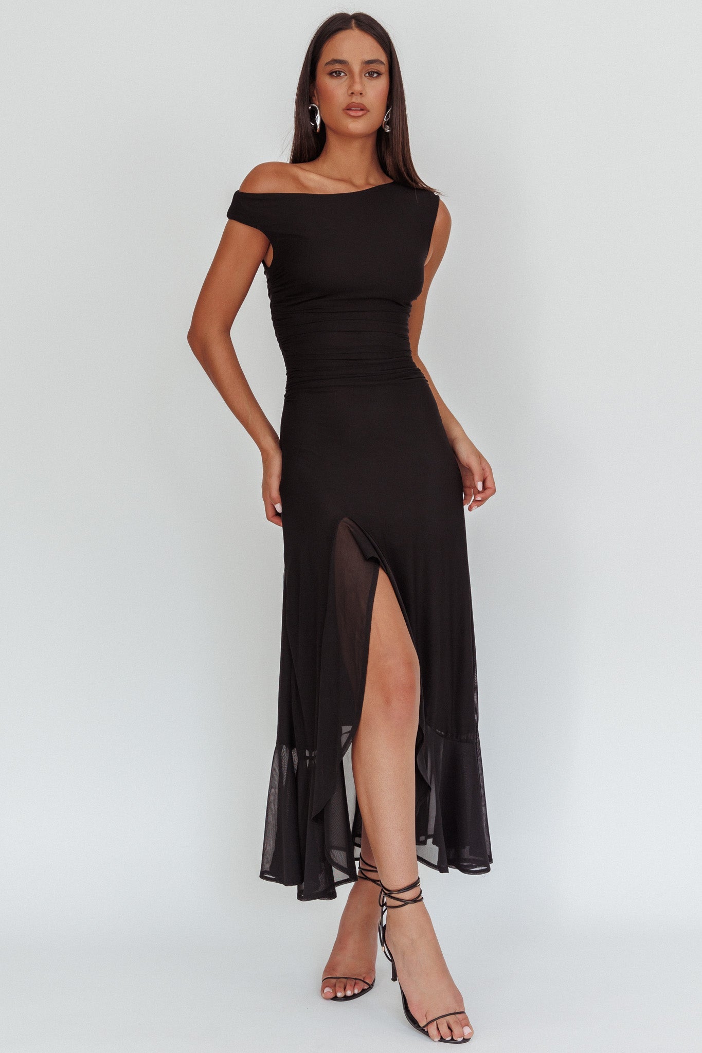 Anouk | Off-Shoulder Ruched Mesh Midi Dress
