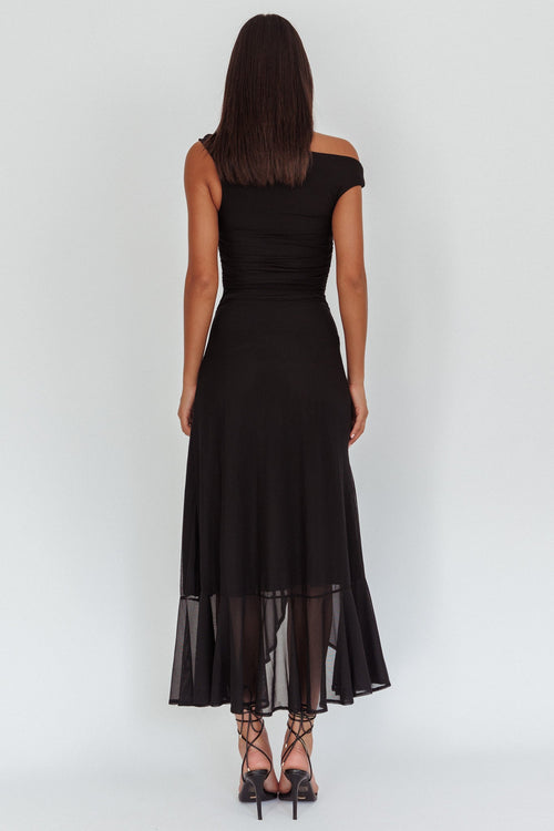 Anouk | Off-Shoulder Ruched Mesh Midi Dress