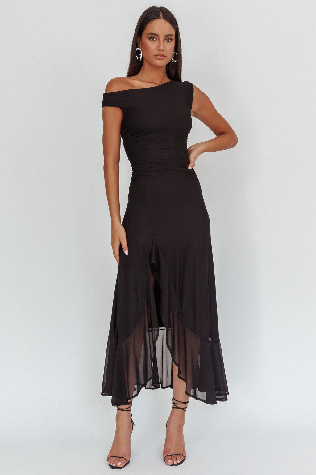 Anouk | Off-Shoulder Ruched Mesh Midi Dress
