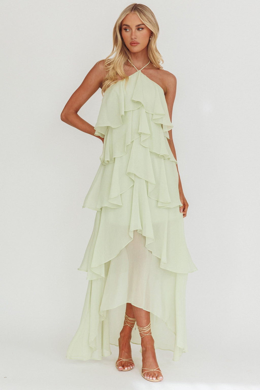 Maeve | Chiffon Halter Tiered Ruffle Maxi Dress