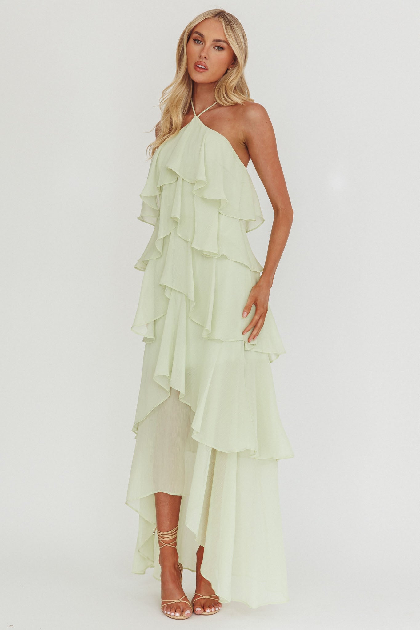Maeve | Chiffon Halter Tiered Ruffle Maxi Dress