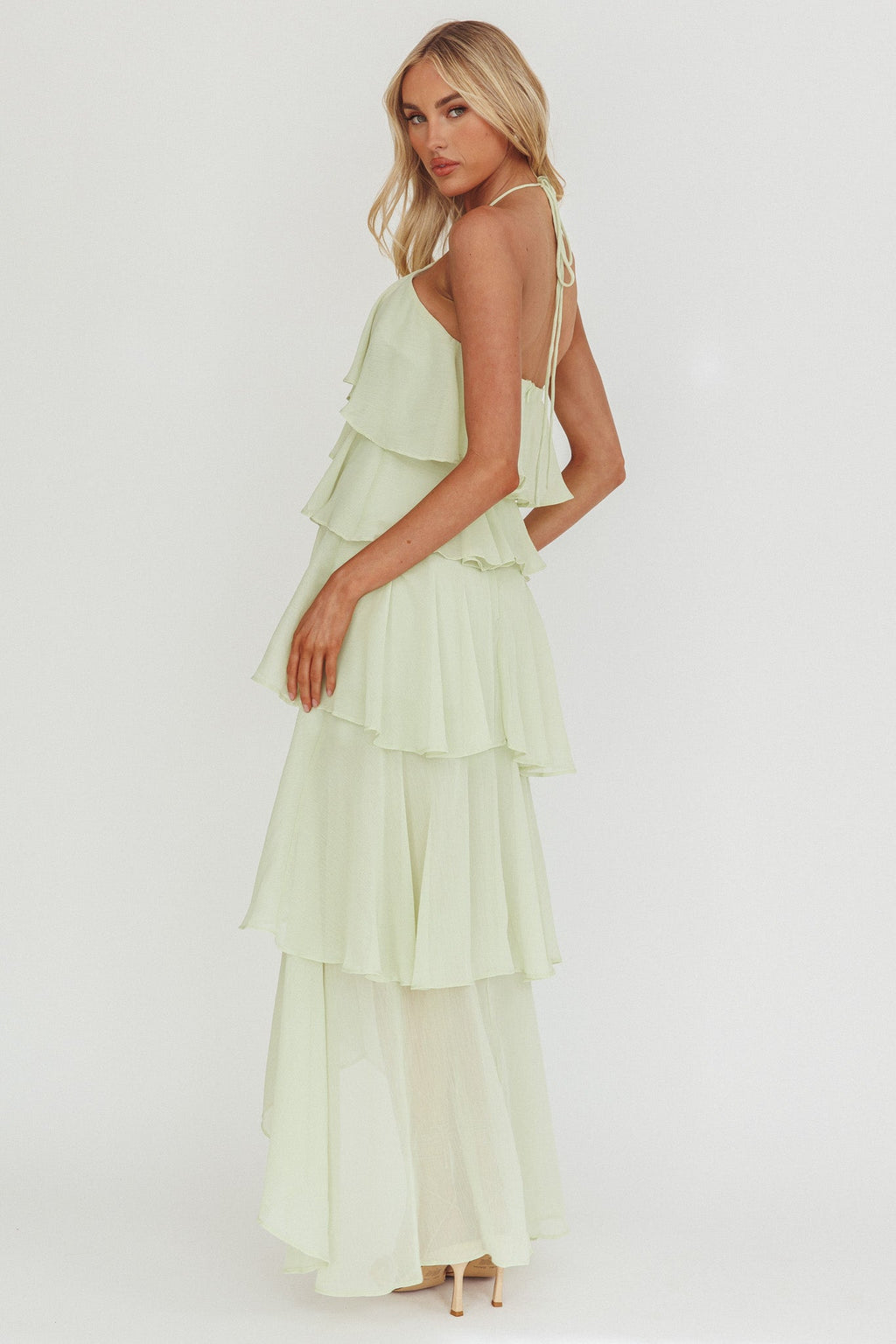 Maeve | Chiffon Halter Tiered Ruffle Maxi Dress