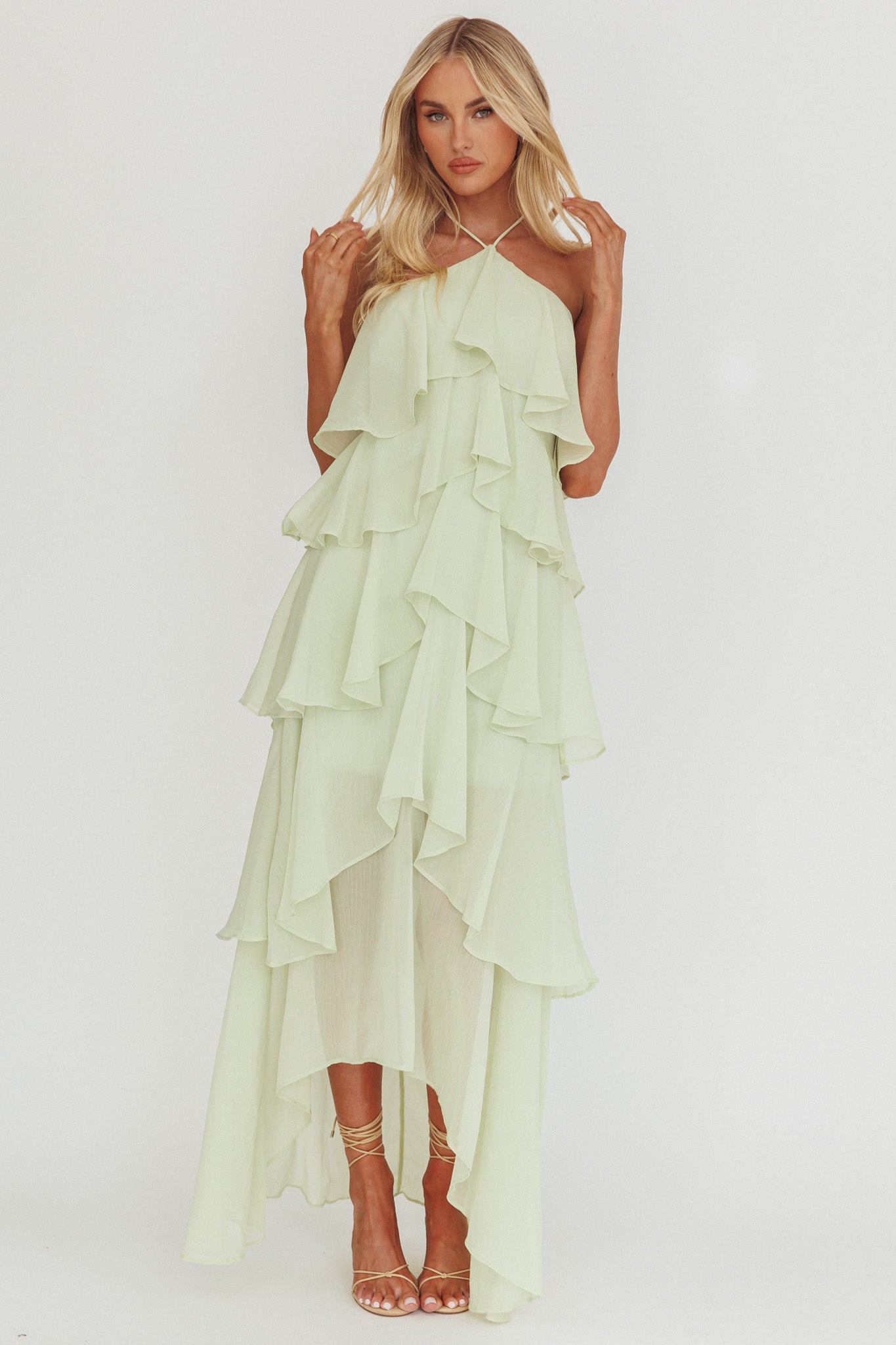 Maeve | Chiffon Halter Tiered Ruffle Maxi Dress