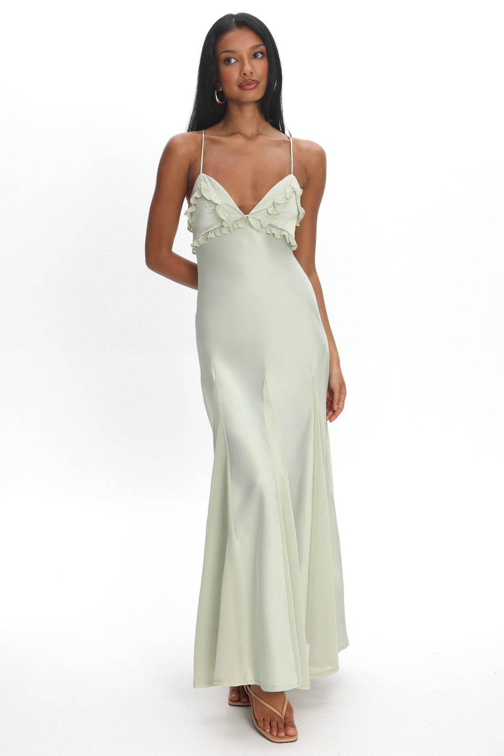 Vera | Satin Ruffle V-Neck Slip Maxi Dress