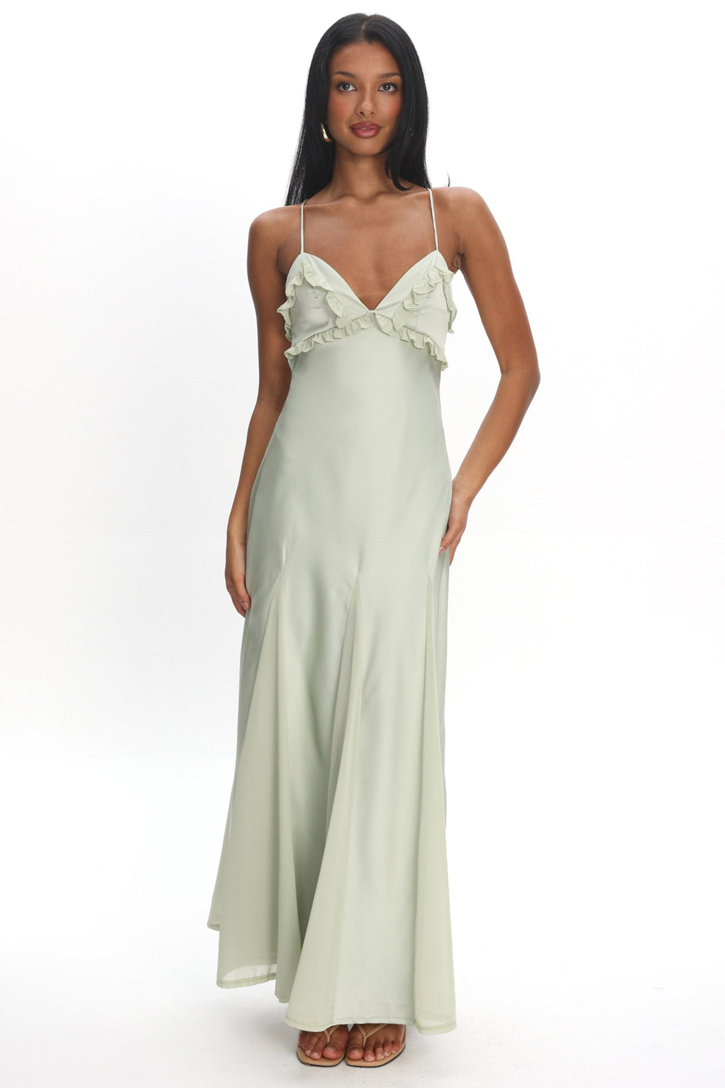 Vera | Satin Ruffle V-Neck Slip Maxi Dress