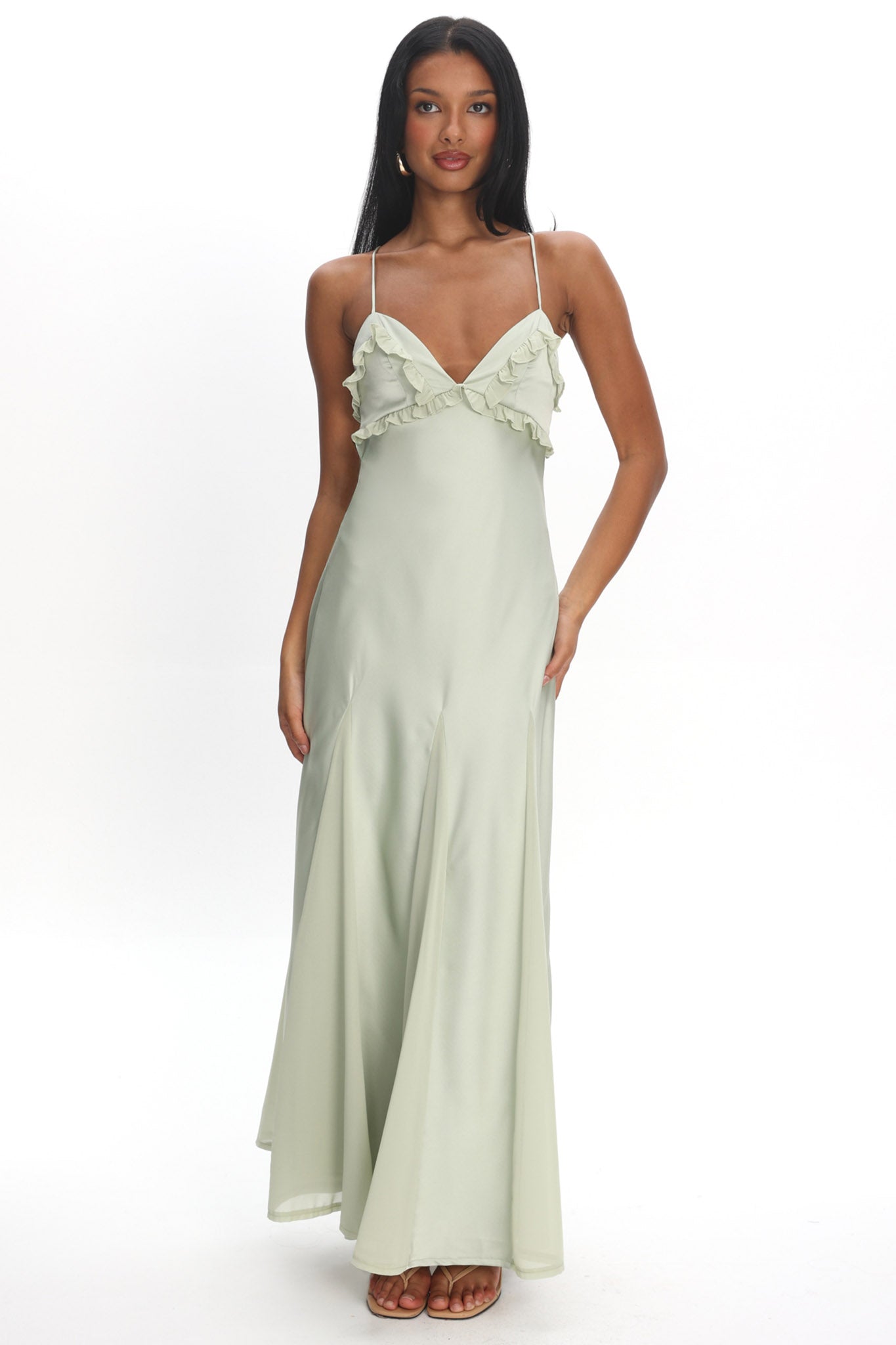 Vera | Satin Ruffle V-Neck Slip Maxi Dress