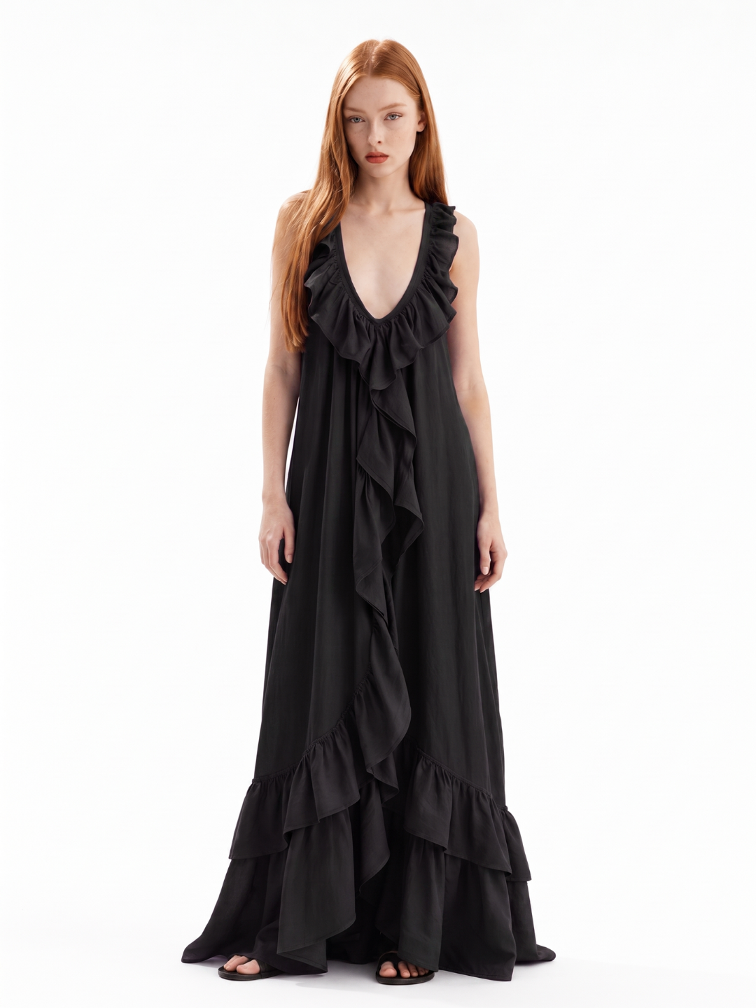 REIGN Women's Sleeveless Ruffle V-Neck Boho Maxi Dress