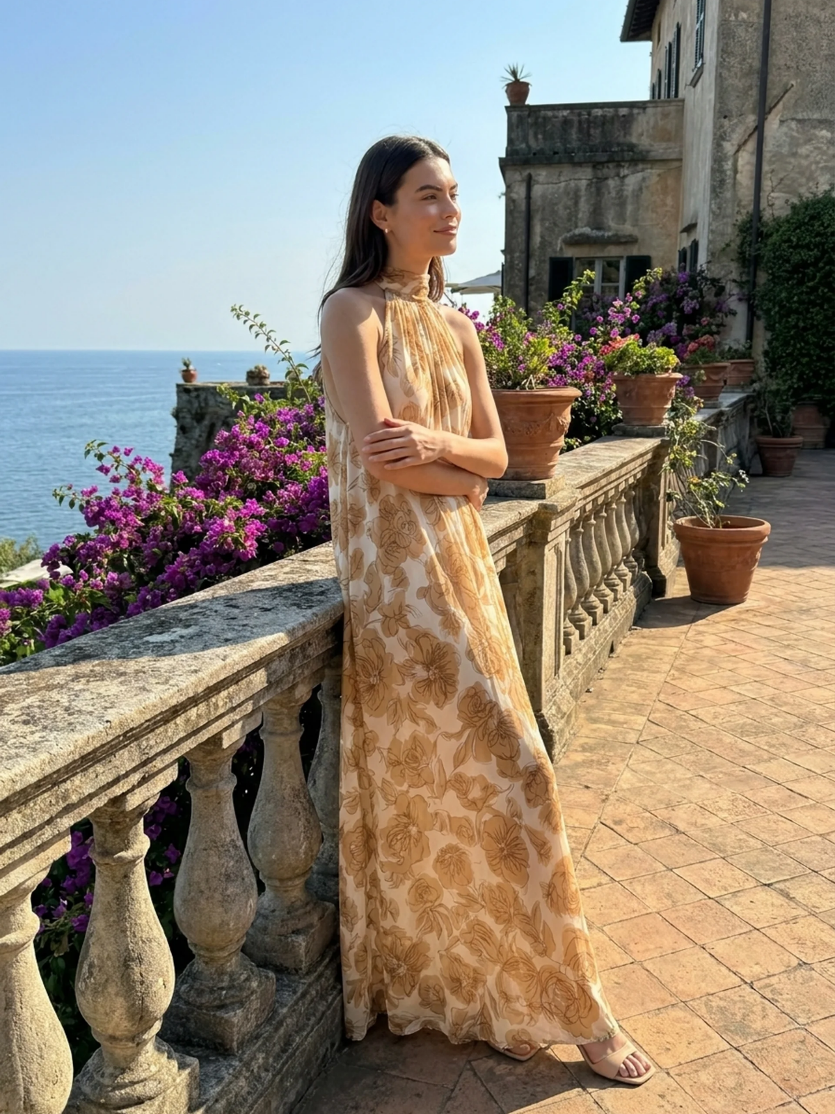 XENA Women's Floral Halter Neck Satin Maxi Dress