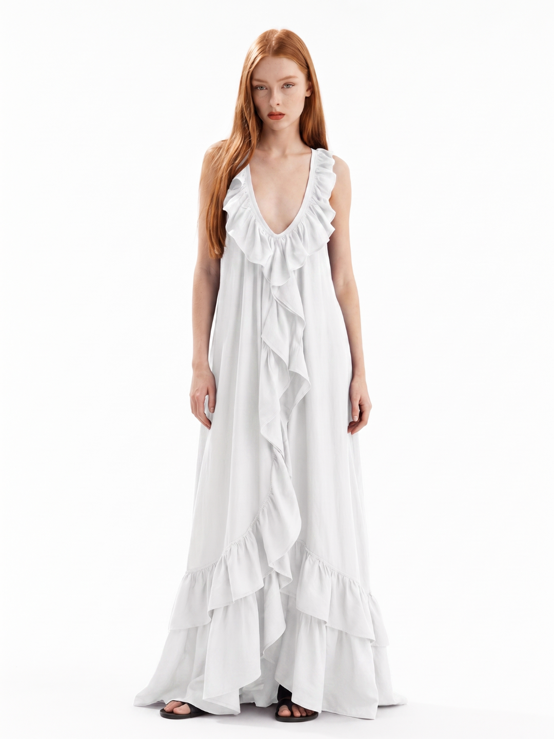 REIGN Women's Sleeveless Ruffle V-Neck Boho Maxi Dress