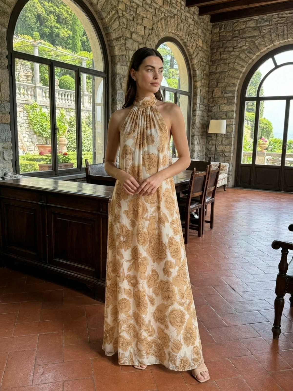 XENA Women's Floral Halter Neck Satin Maxi Dress