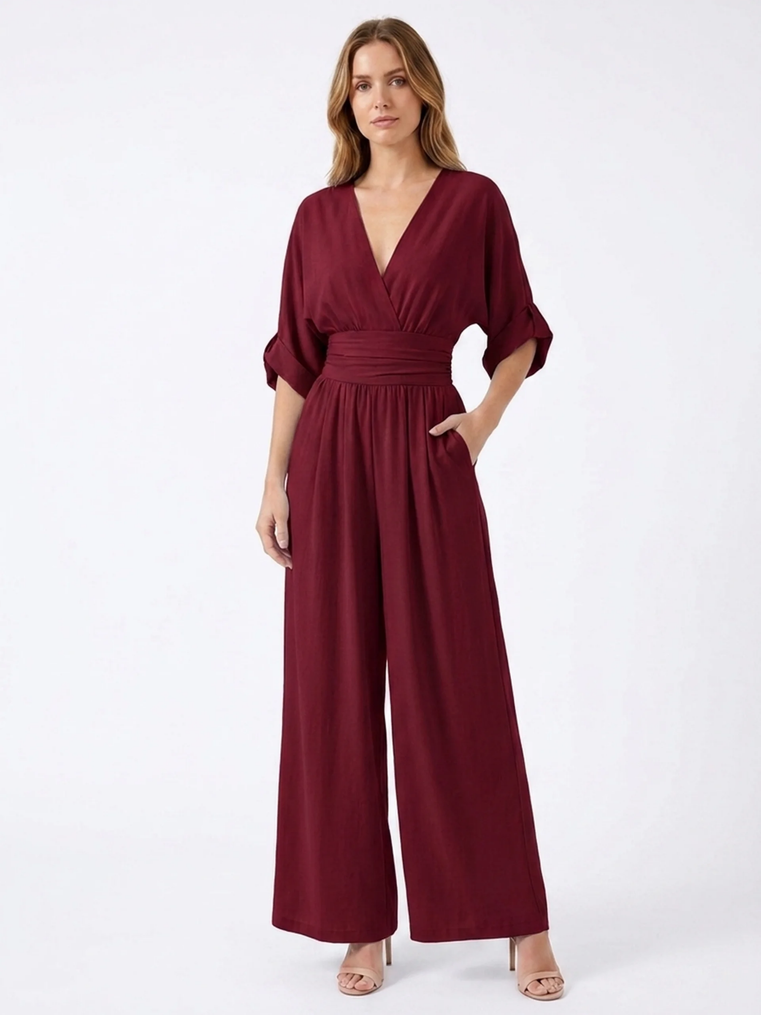 ORIANA Women's V-Neck Wide Leg Jumpsuit