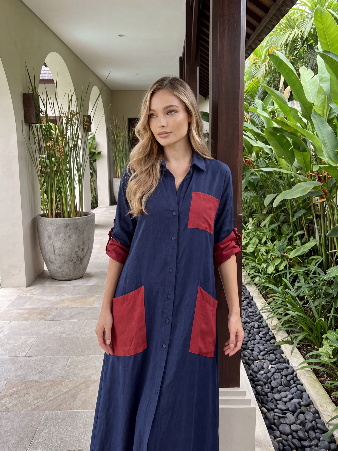 HALCYON Women's Oversized Patch Pocket Midi Dress
