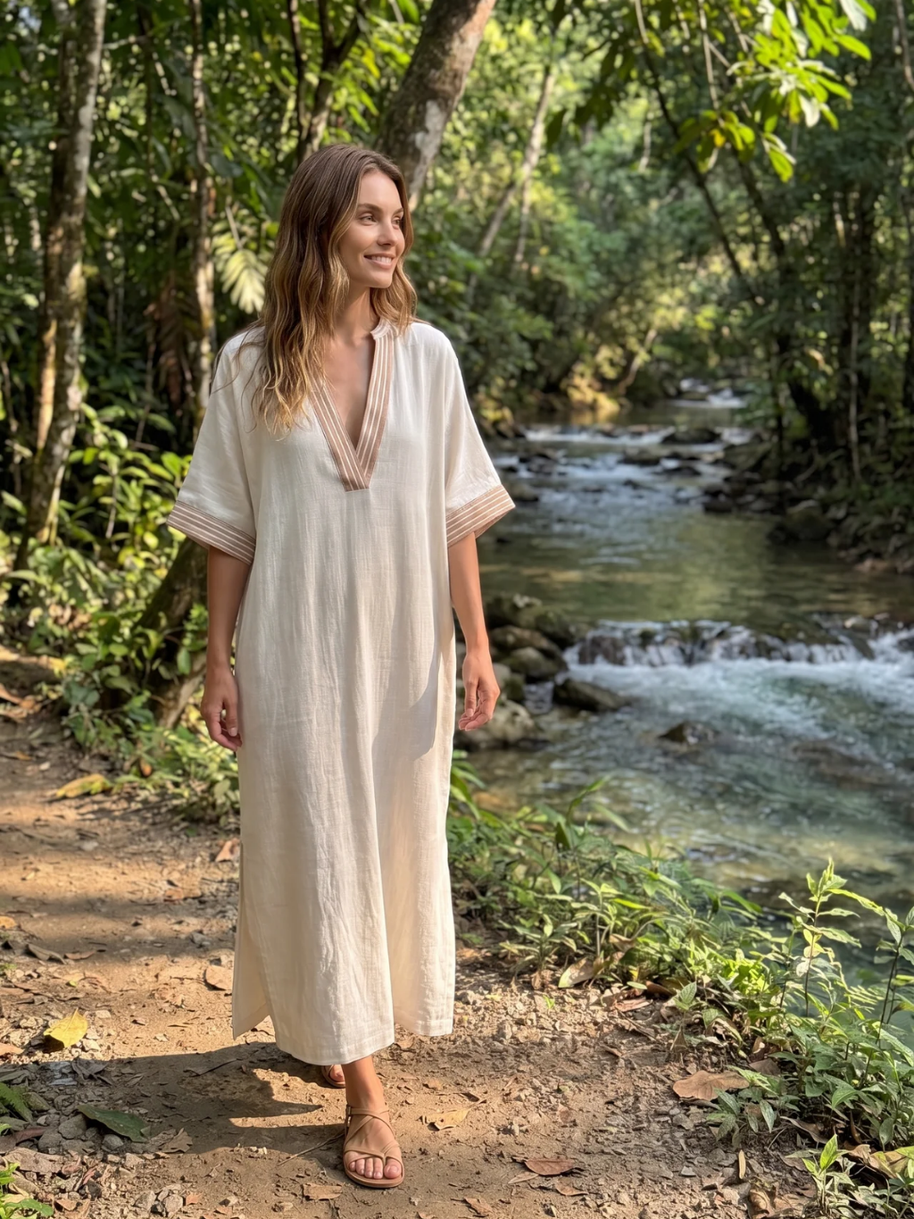Zoey | Contrast Trim V-Neck Kaftan Maxi Dress