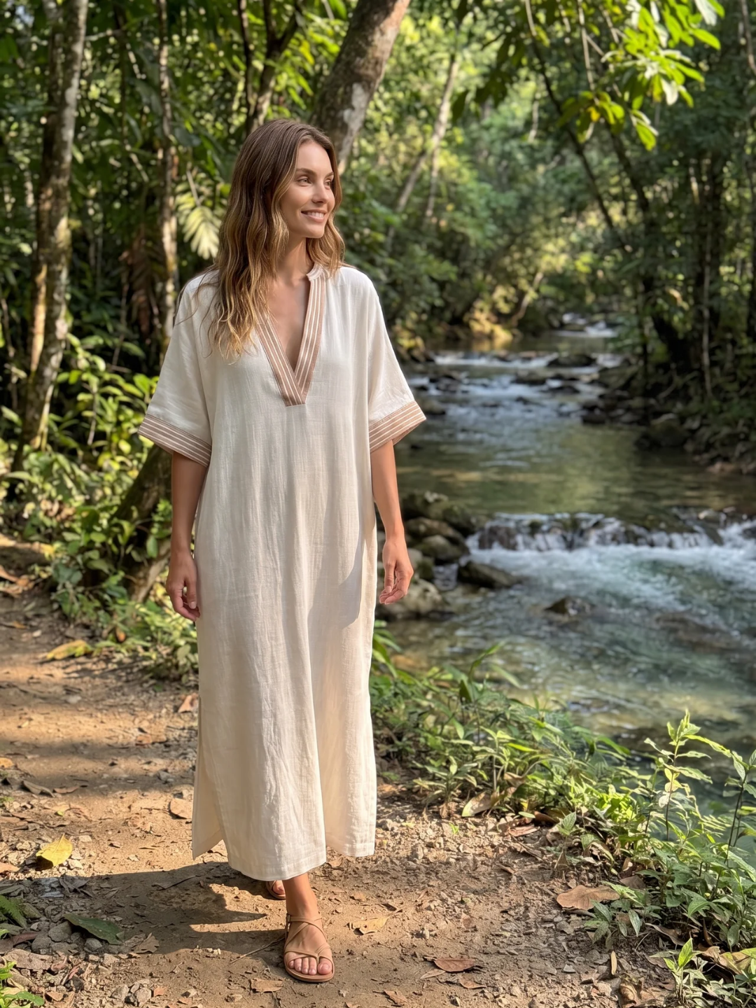 Zoey | Contrast Trim V-Neck Kaftan Maxi Dress