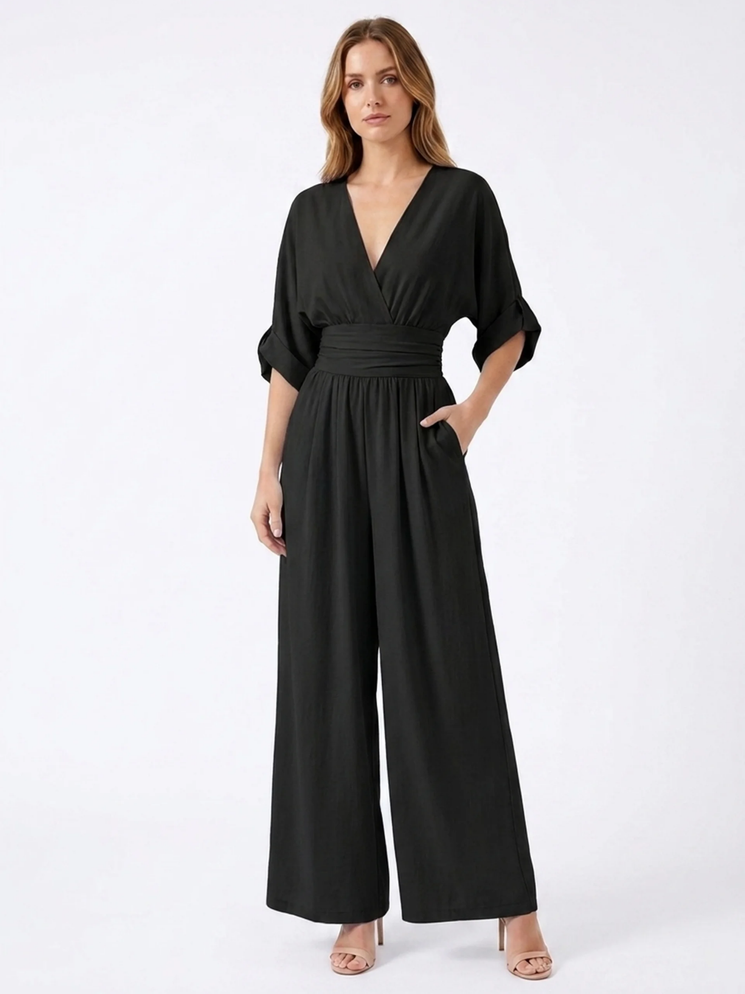 ORIANA Women's V-Neck Wide Leg Jumpsuit