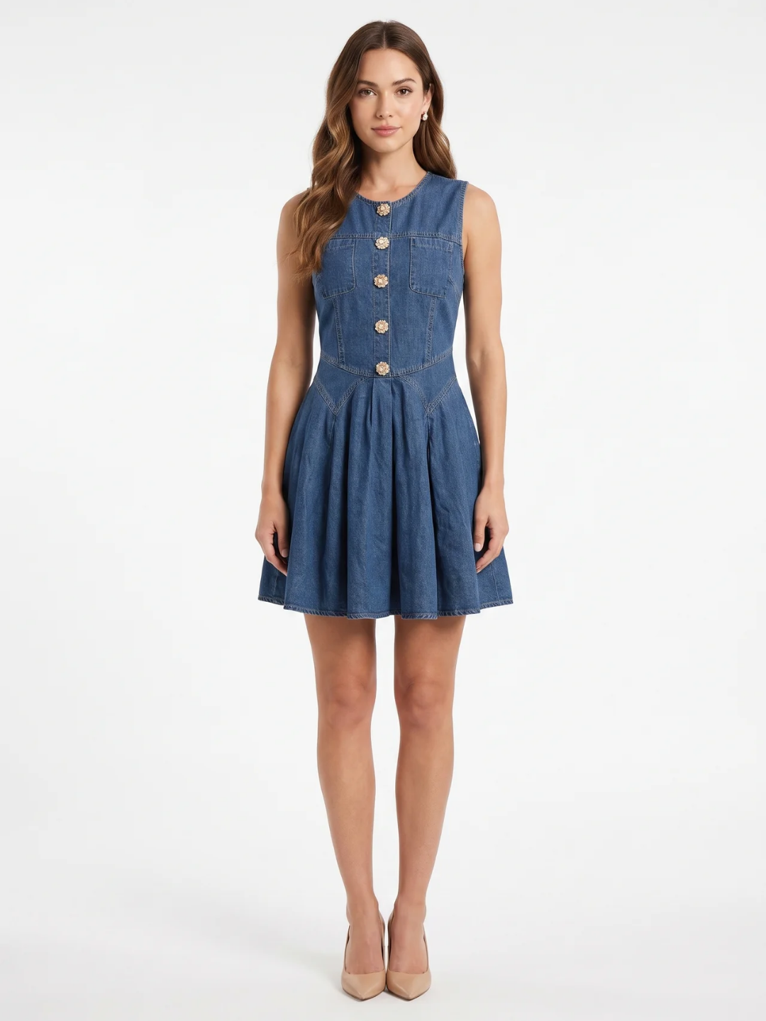 Victoria | Jewel Button Fit-and-Flare Denim Mini Dress
