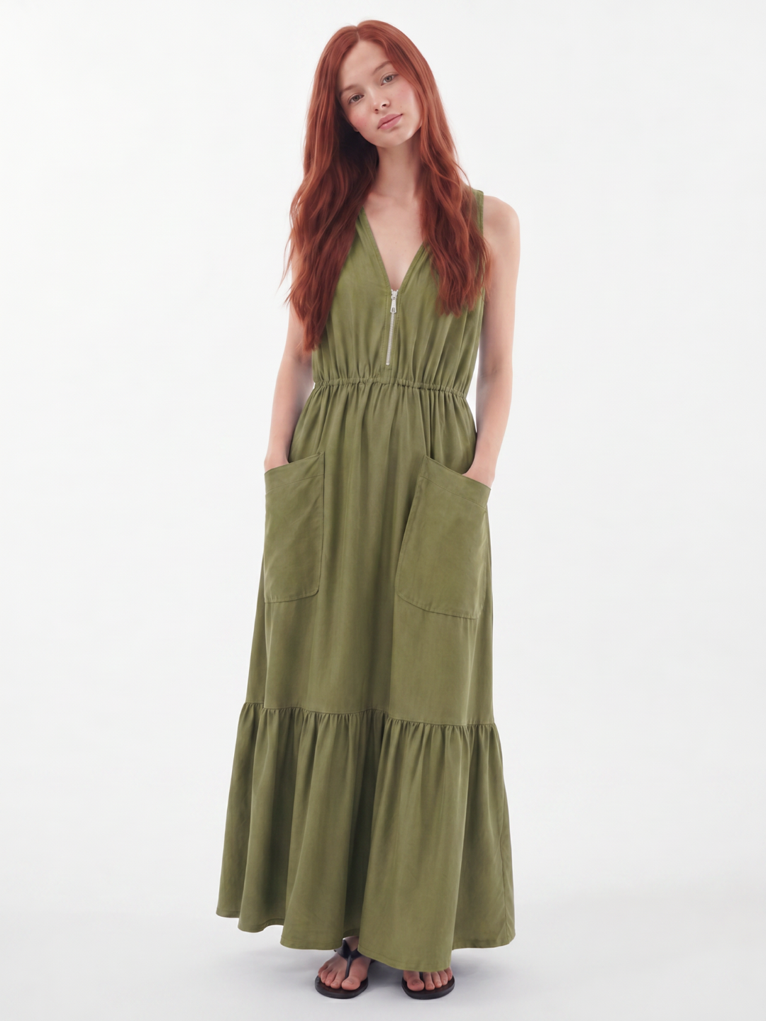 TINSLEY Women's Sleeveless Zip-Front V-Neck Maxi Dress