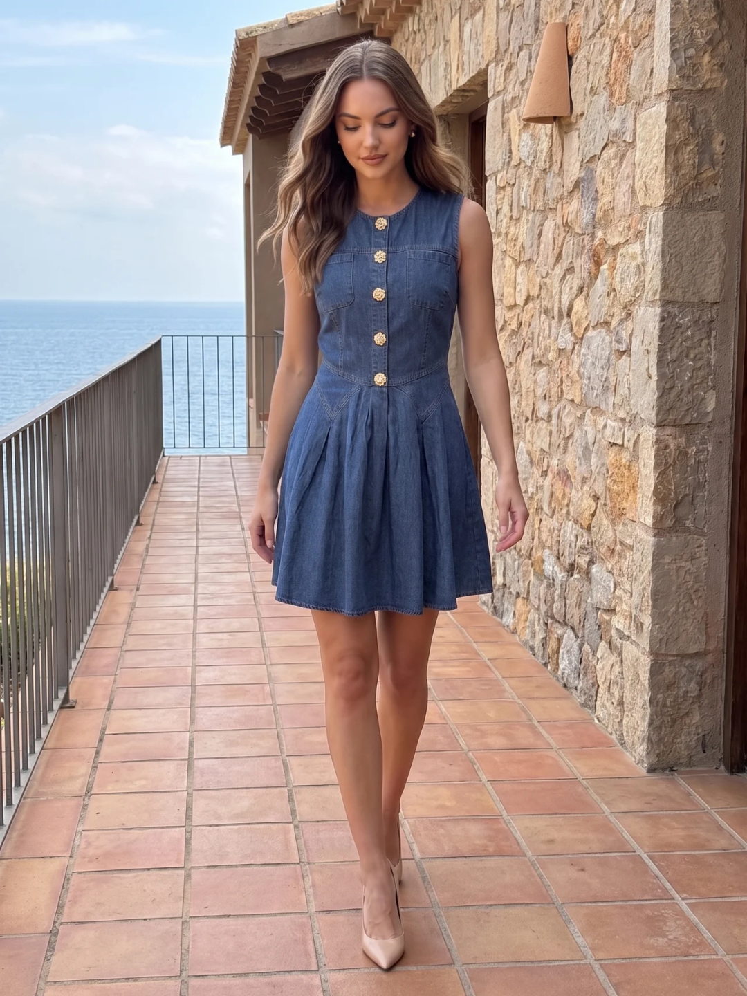 Victoria | Jewel Button Fit-and-Flare Denim Mini Dress
