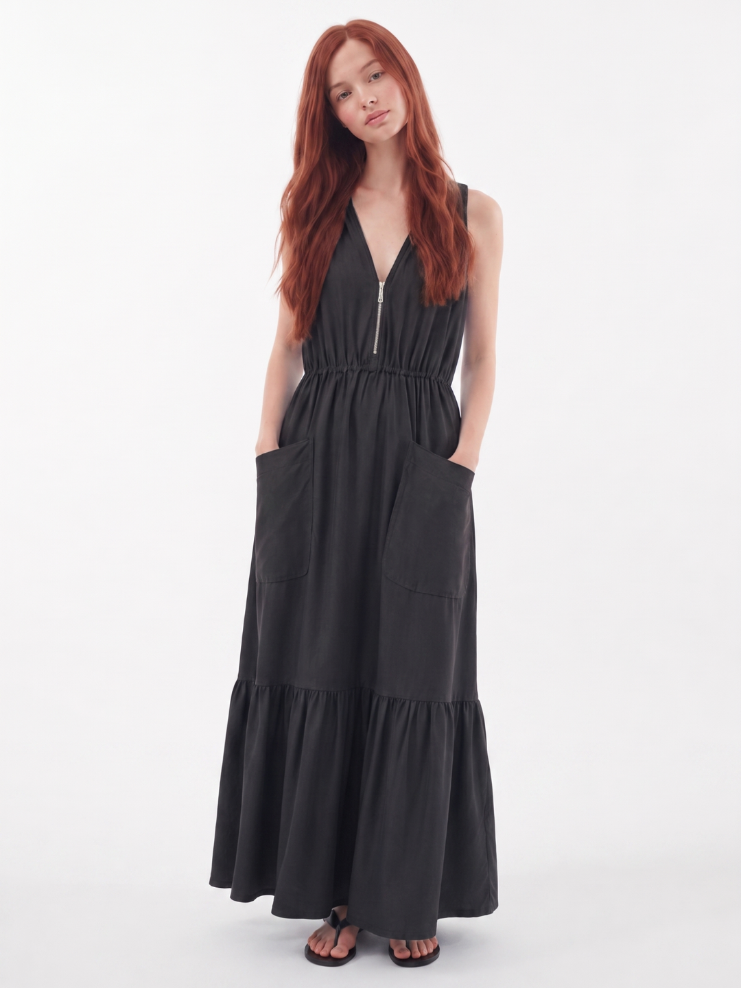 TINSLEY Women's Sleeveless Zip-Front V-Neck Maxi Dress