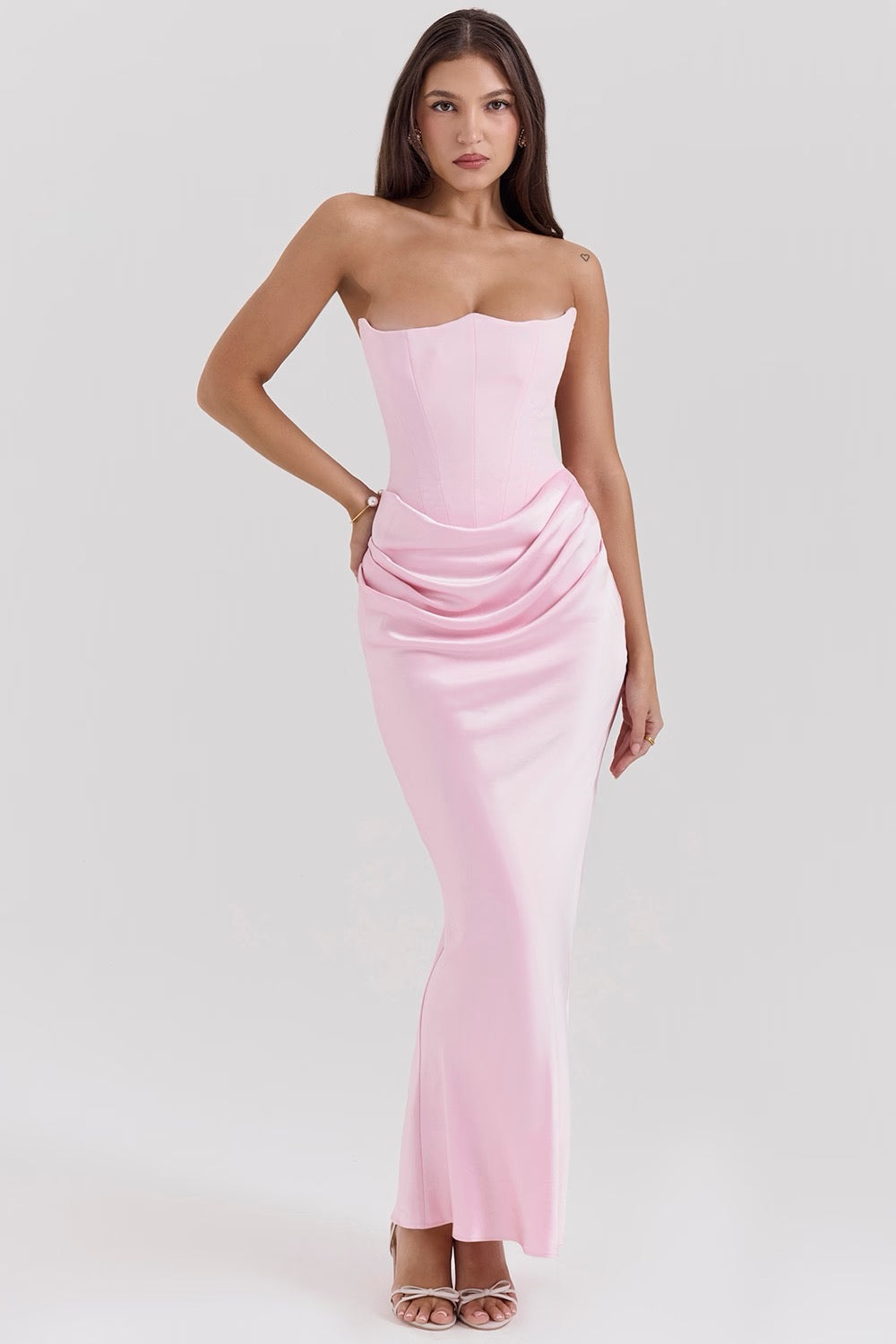 Cynthia | Strapless Draped Satin Maxi Dress