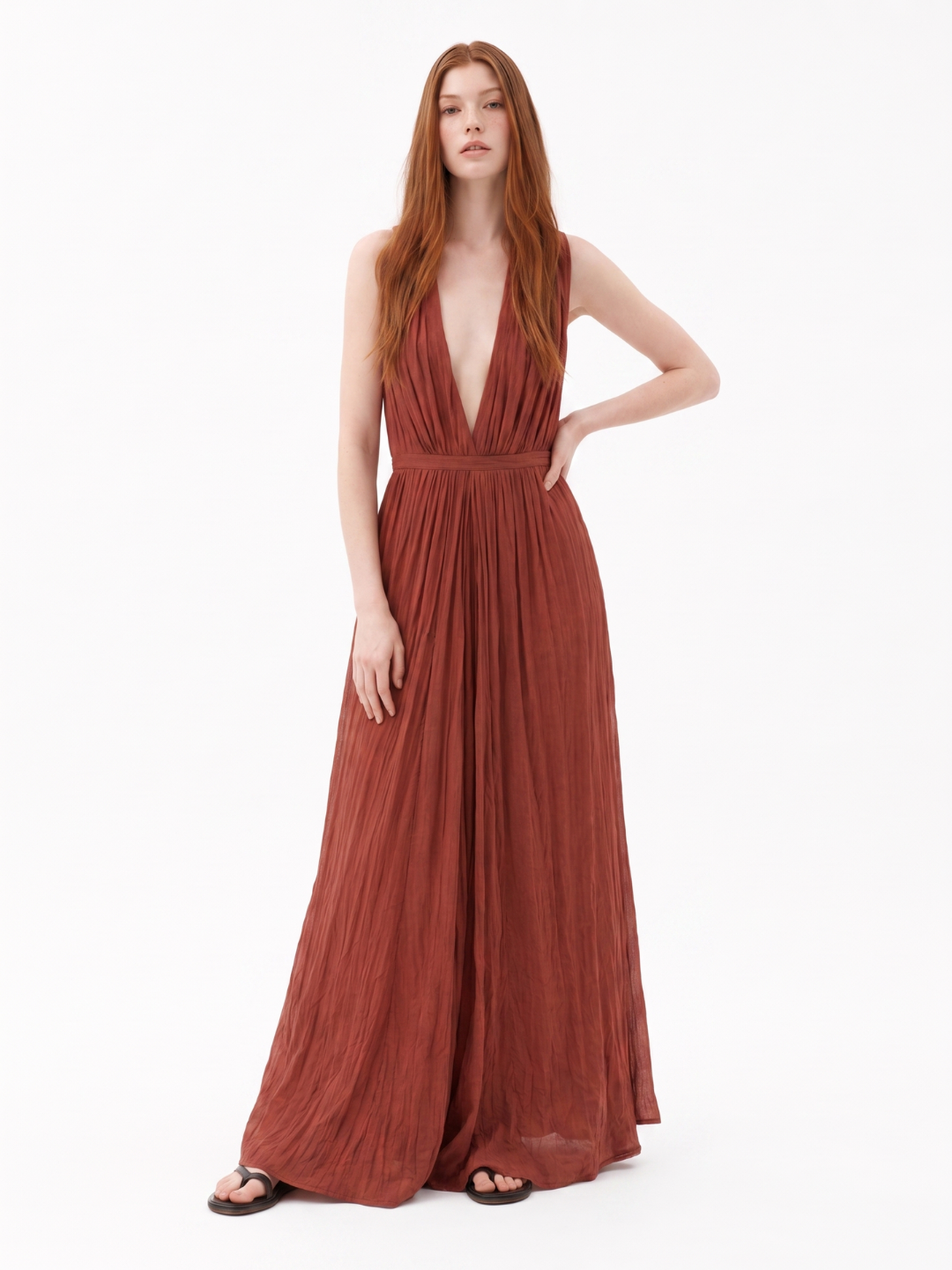 VALERIA Women's Deep V-Neck Pleated Maxi Dress