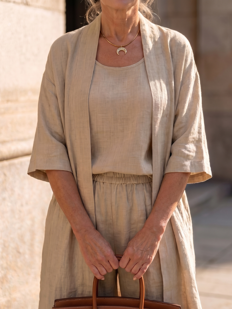 Delaney | Linen Tank Wide-Leg Pant Kimono 3-Piece Co-ord Set