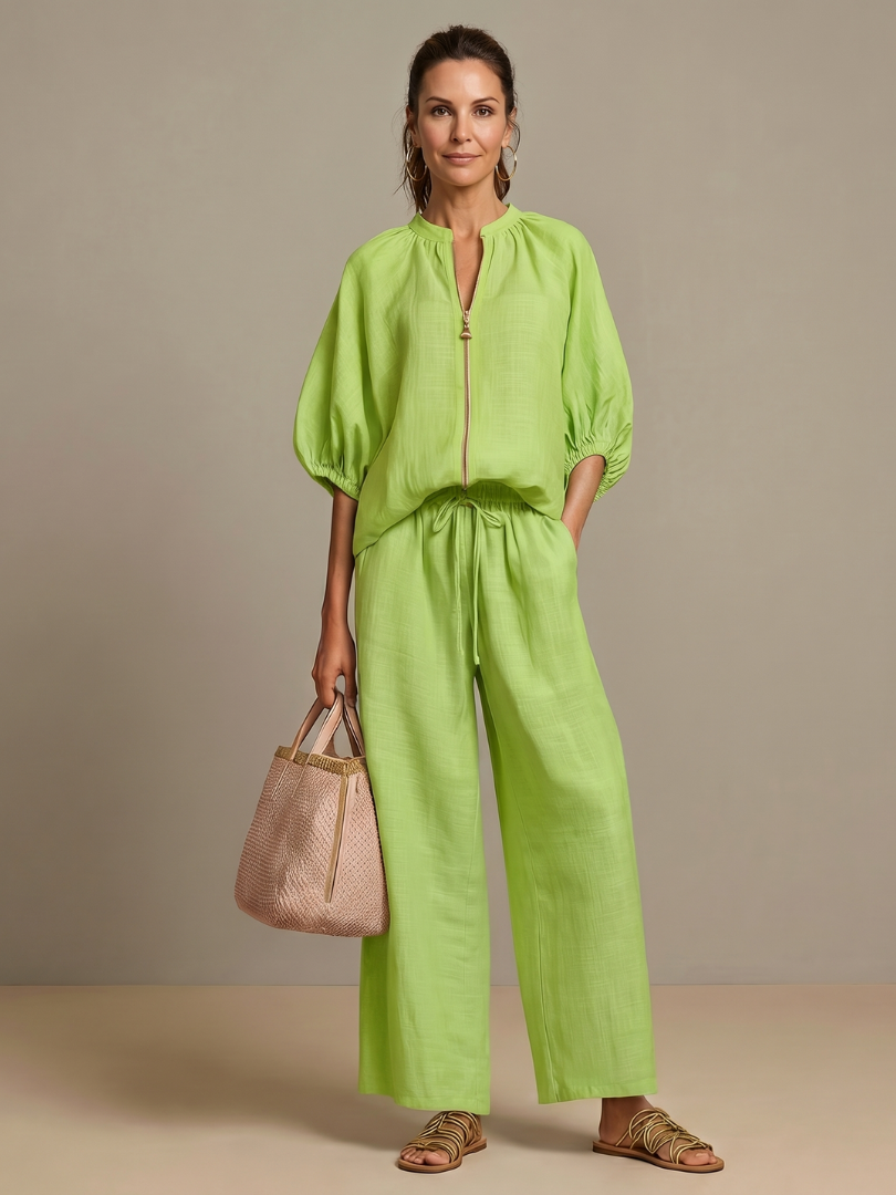 Marlene | Linen Zip-Front Balloon-Sleeve Co-ord Set