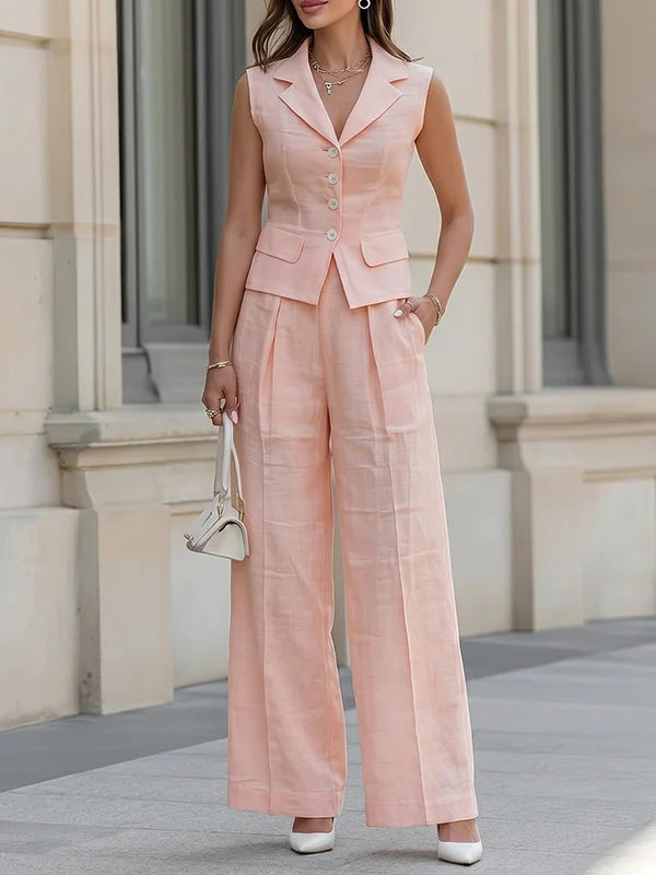 Monroe | Tailored Lapel Linen Vest Wide-Leg Co-ord Set