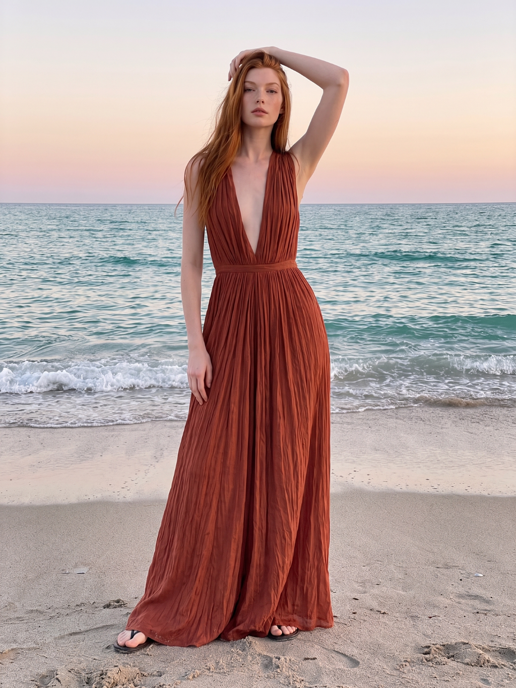 VALERIA Women's Deep V-Neck Pleated Maxi Dress