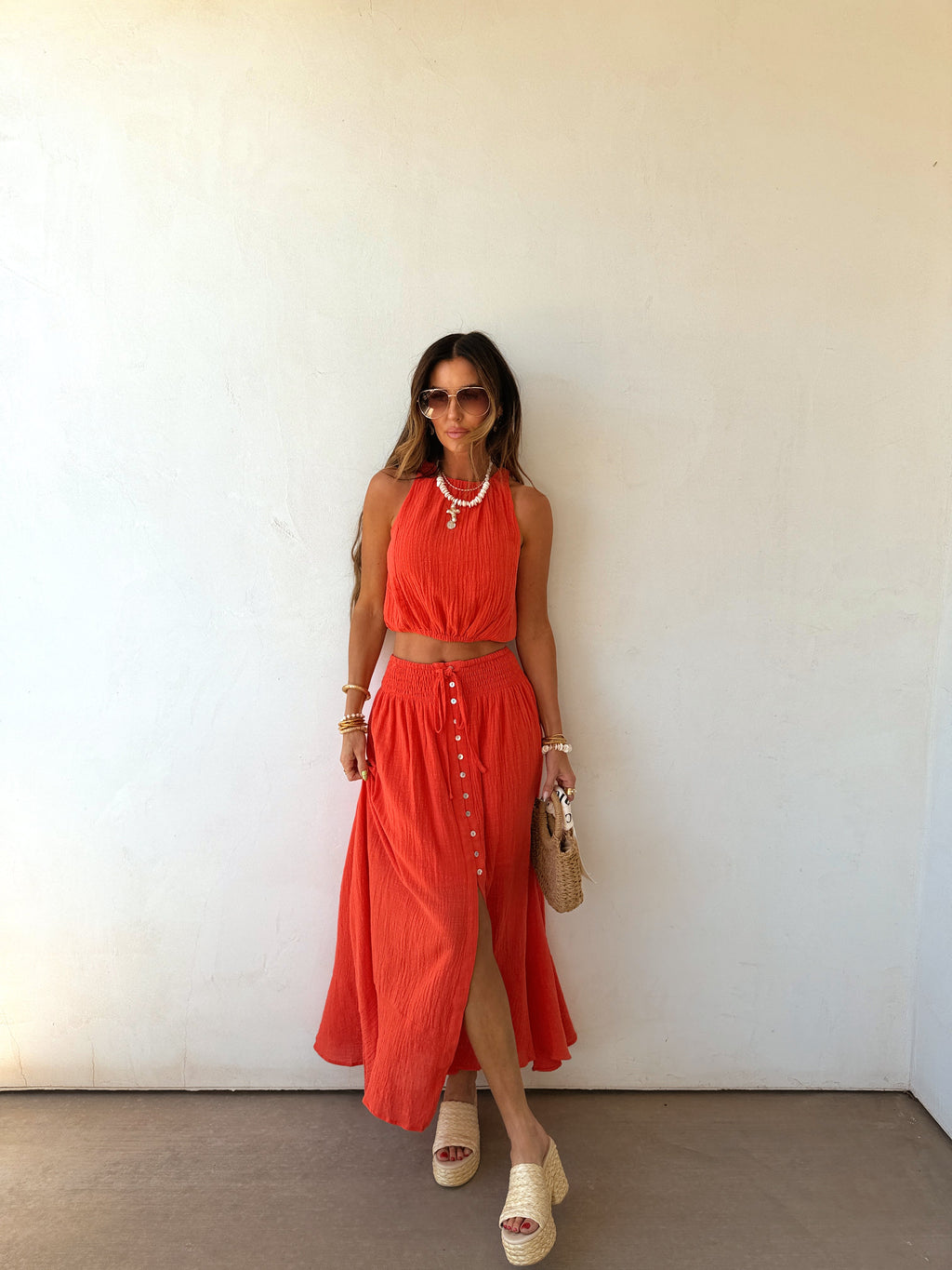 Brooklyn | Cotton Gauze Halter Crop Top Button Maxi Skirt Co-ord Set