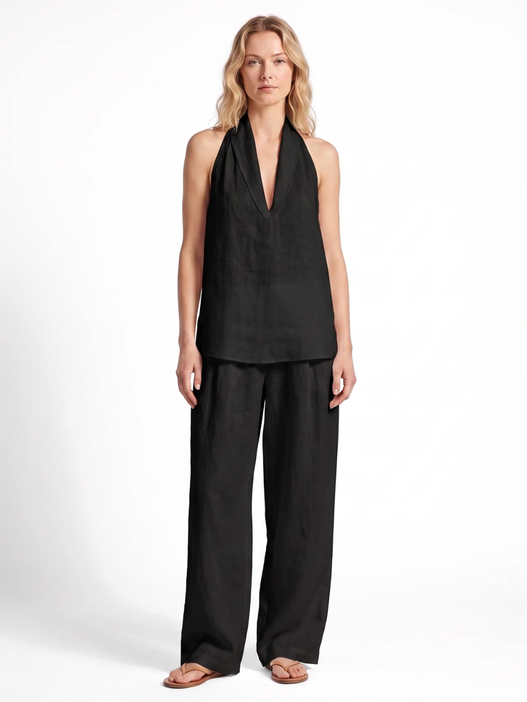 Leah | Halter V-Neck Wide-Leg Two-Piece Set