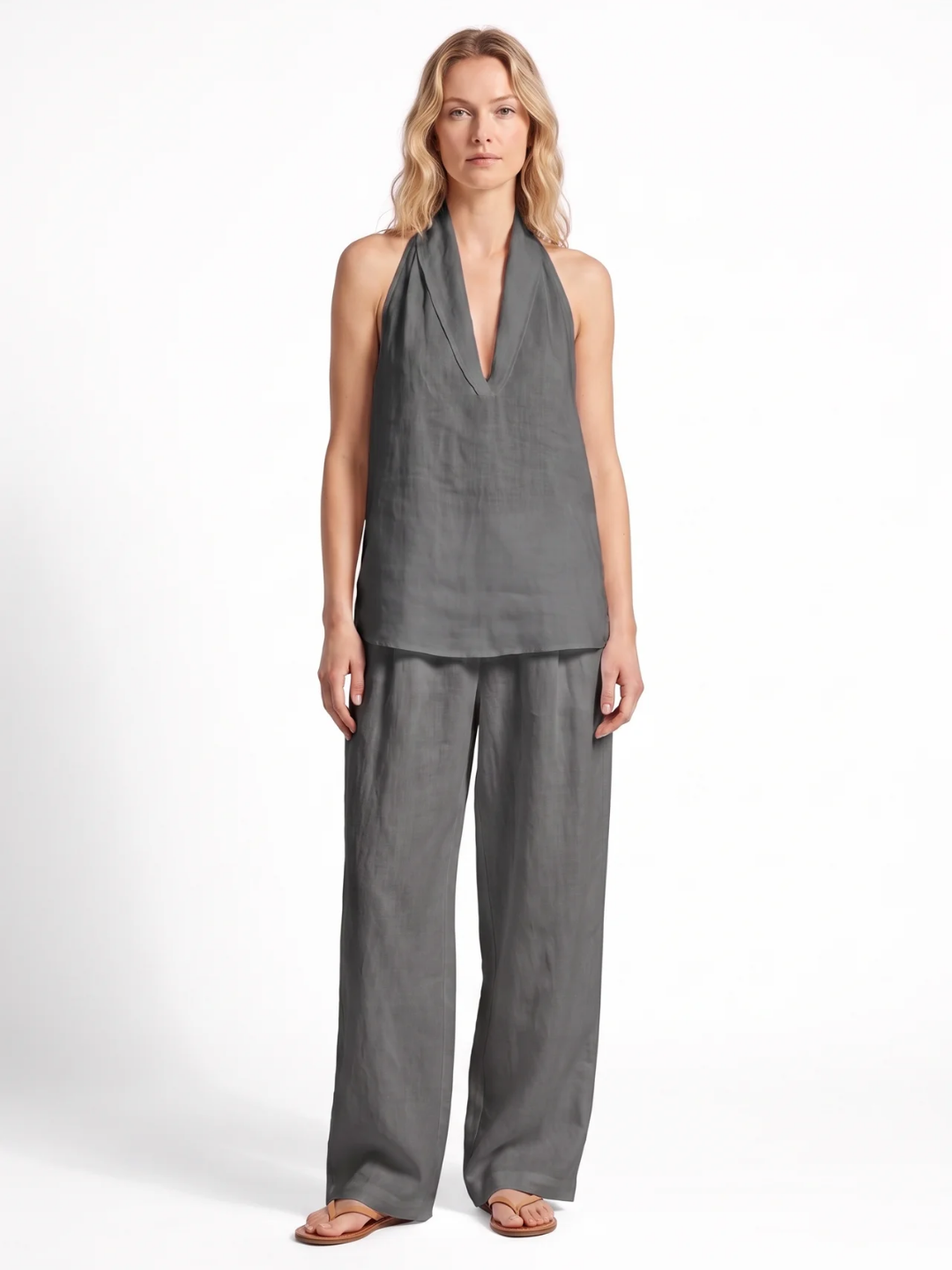 Leah | Halter V-Neck Wide-Leg Two-Piece Set