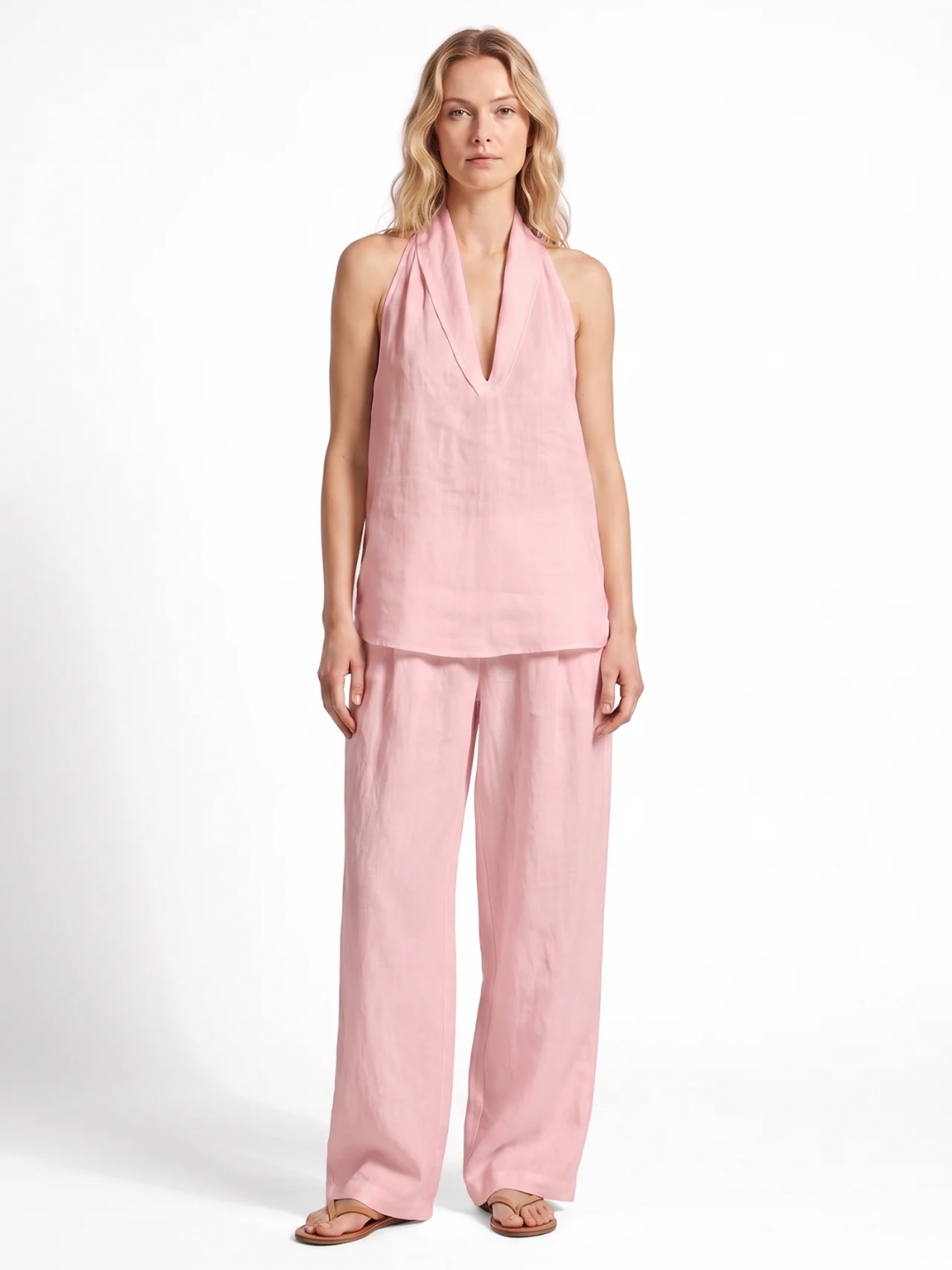 Leah | Halter V-Neck Wide-Leg Two-Piece Set