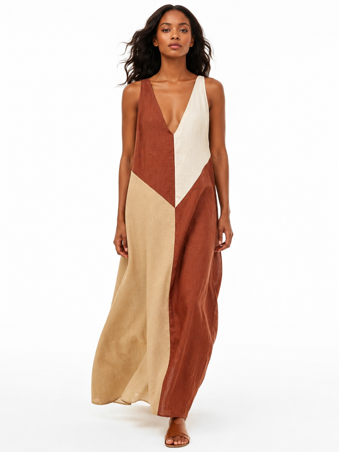 PERSEPHONE Women's Colorblock V-Neck Sleeveless Maxi Dress