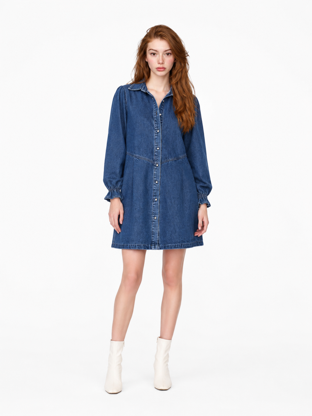 WRENLEY Women's Long Sleeve Washed Denim Button-Front Mini Dress