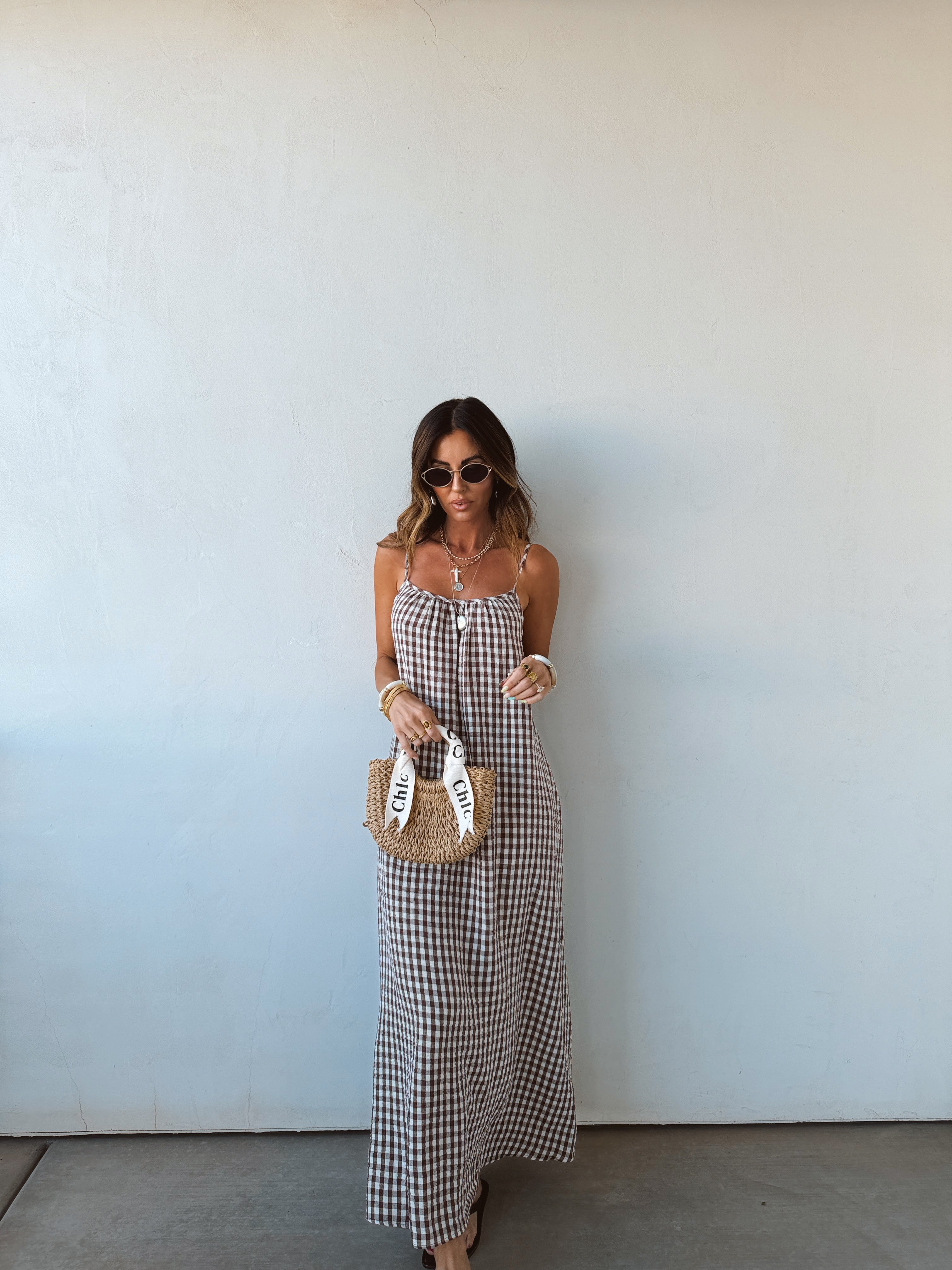 Sadie | Gingham Cotton Scoop-Neck Spaghetti Strap Maxi Dress