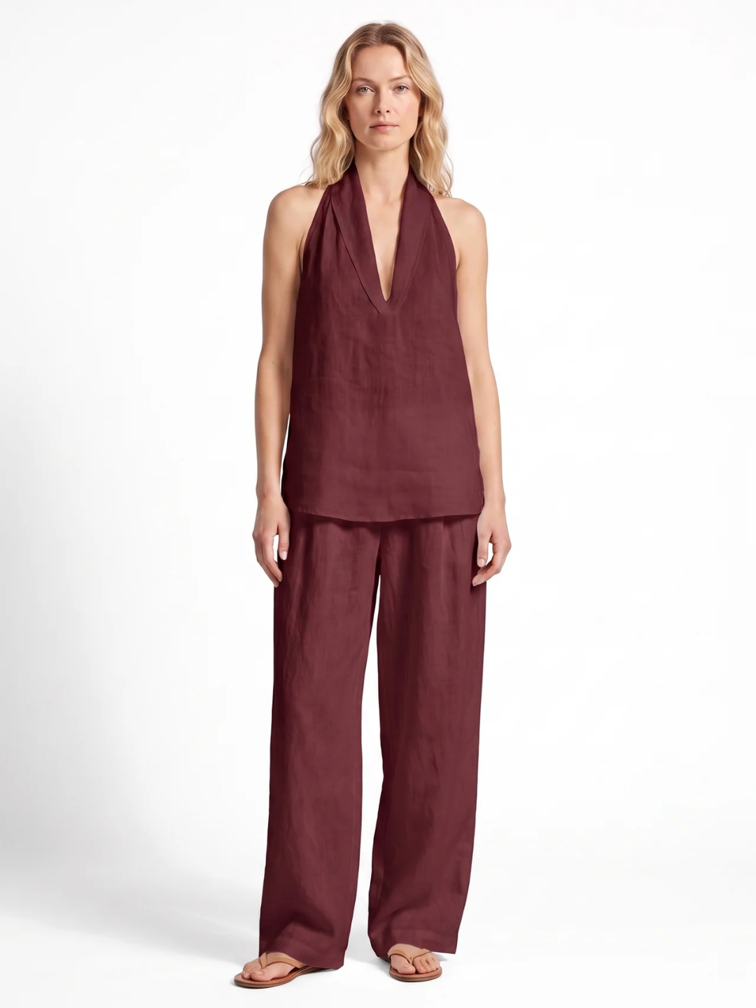 Leah | Halter V-Neck Wide-Leg Two-Piece Set