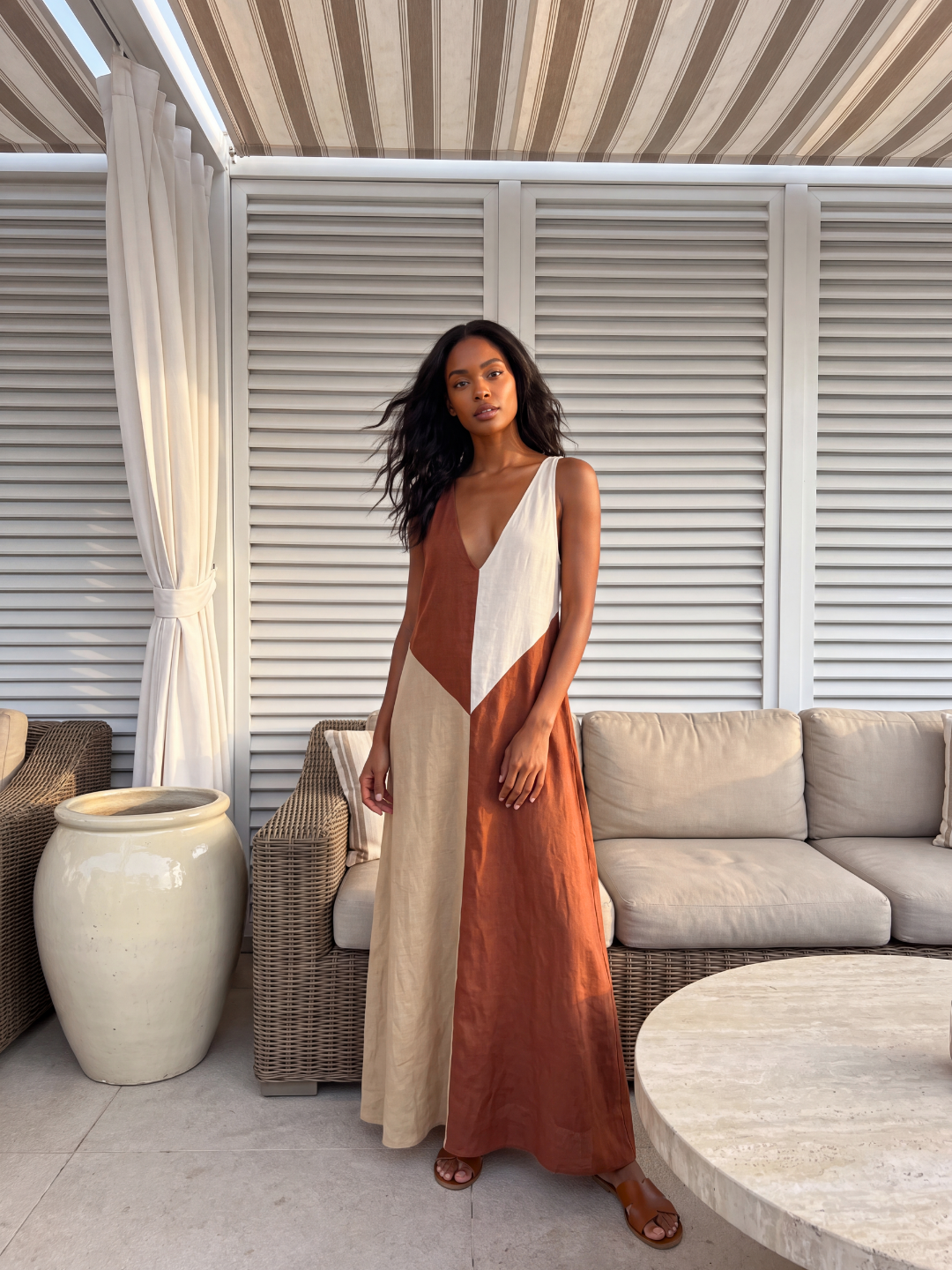 PERSEPHONE Women's Colorblock V-Neck Sleeveless Maxi Dress