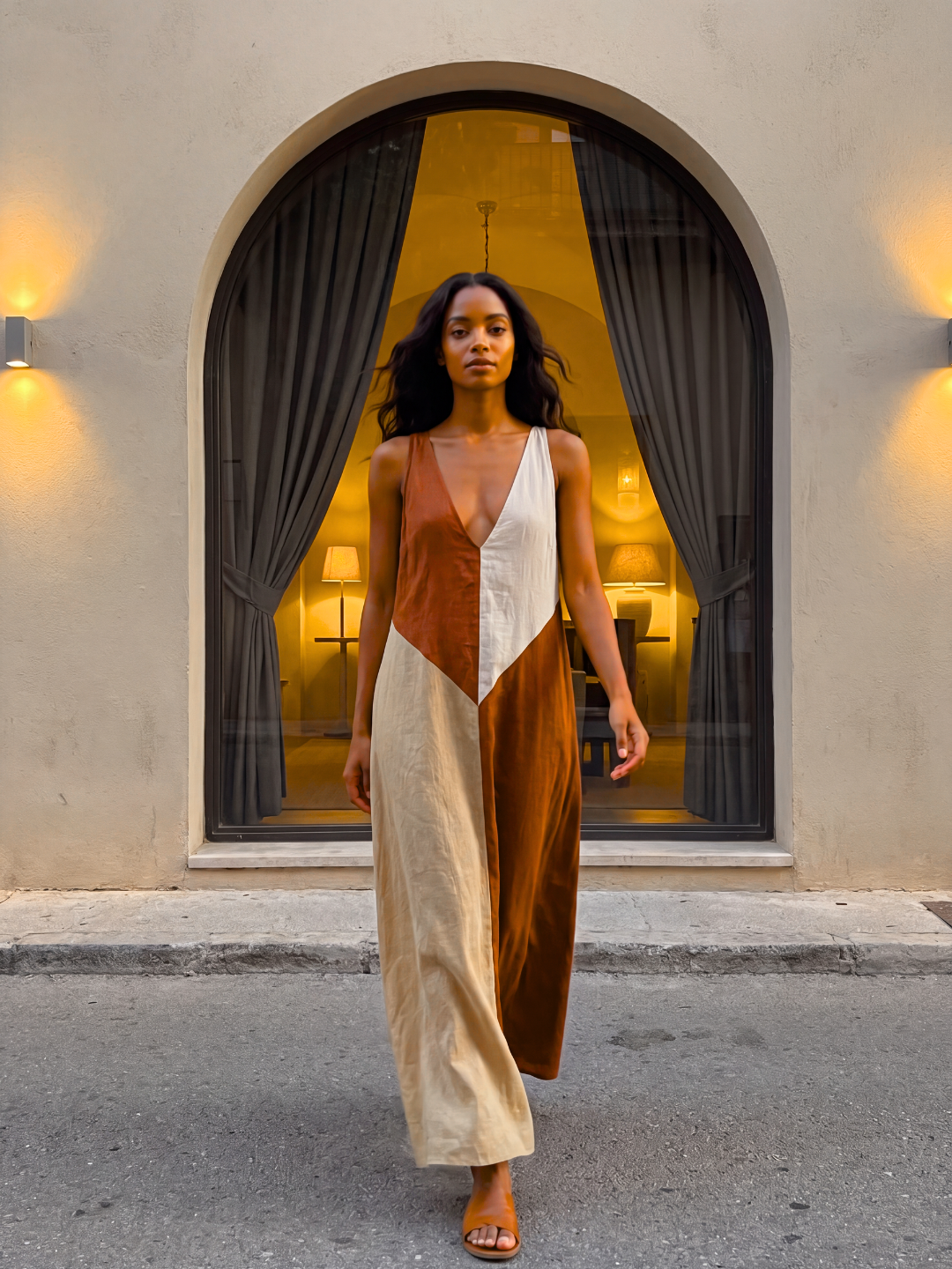PERSEPHONE Women's Colorblock V-Neck Sleeveless Maxi Dress