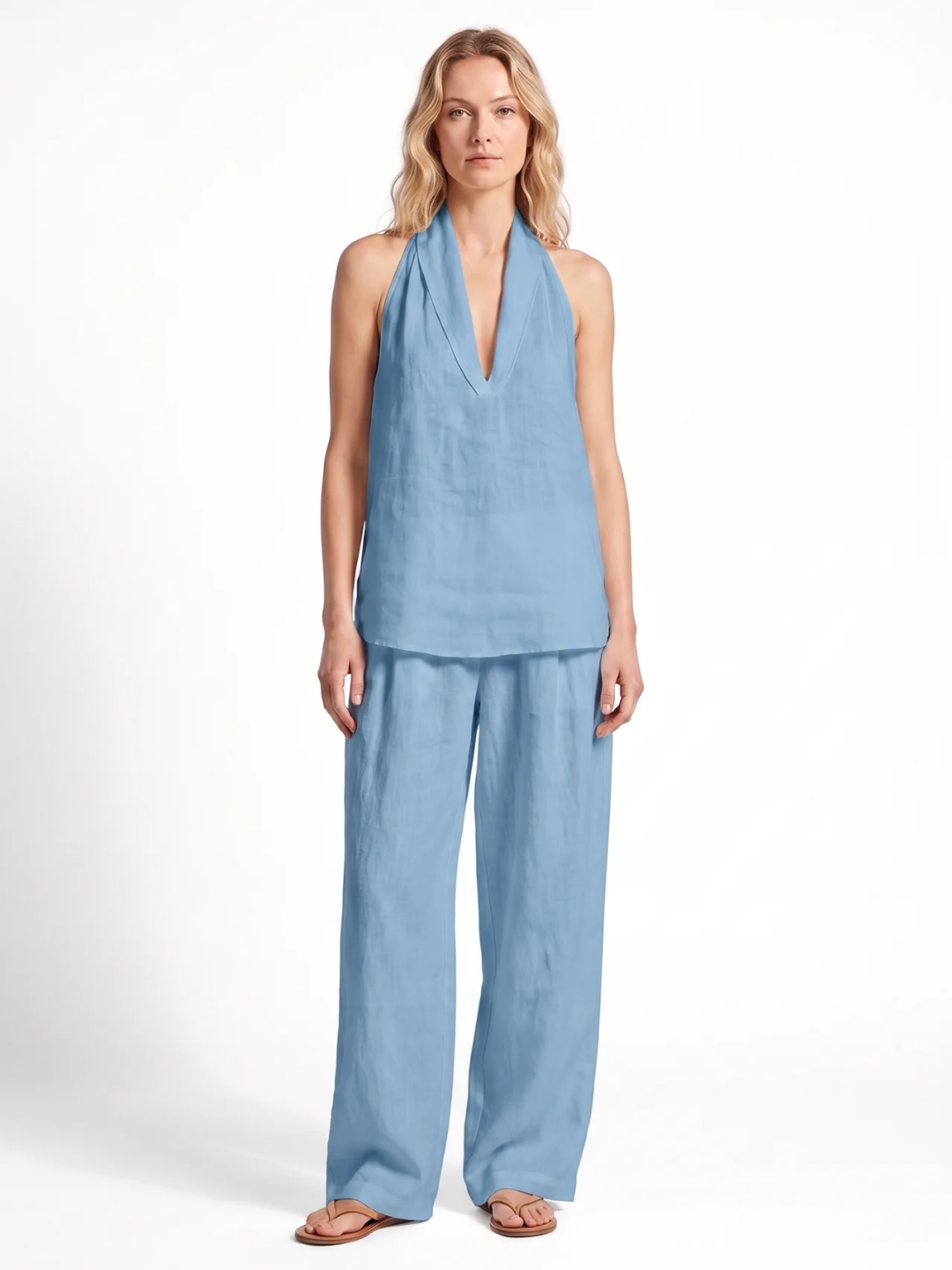 Leah | Halter V-Neck Wide-Leg Two-Piece Set