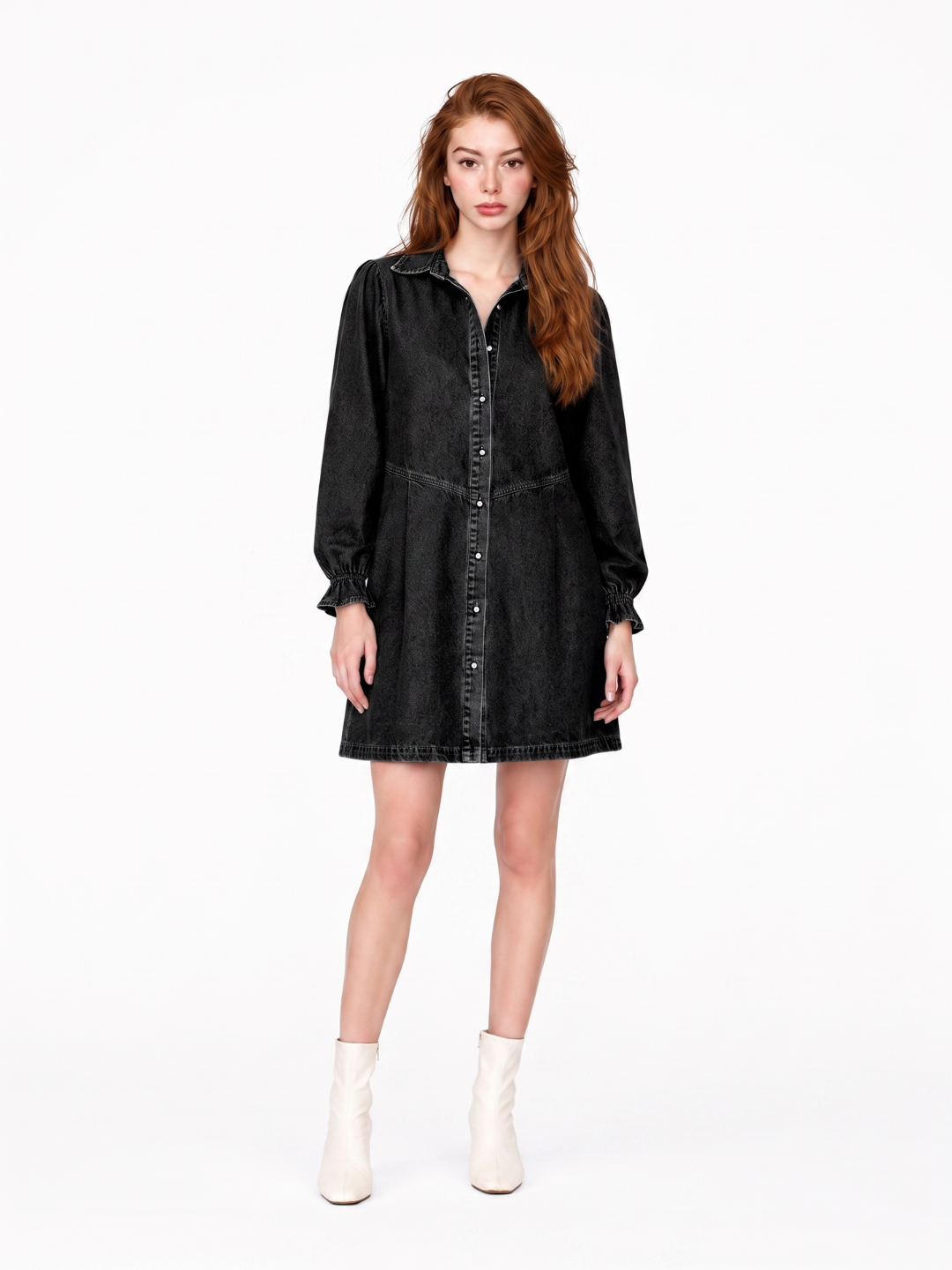 WRENLEY Women's Long Sleeve Washed Denim Button-Front Mini Dress