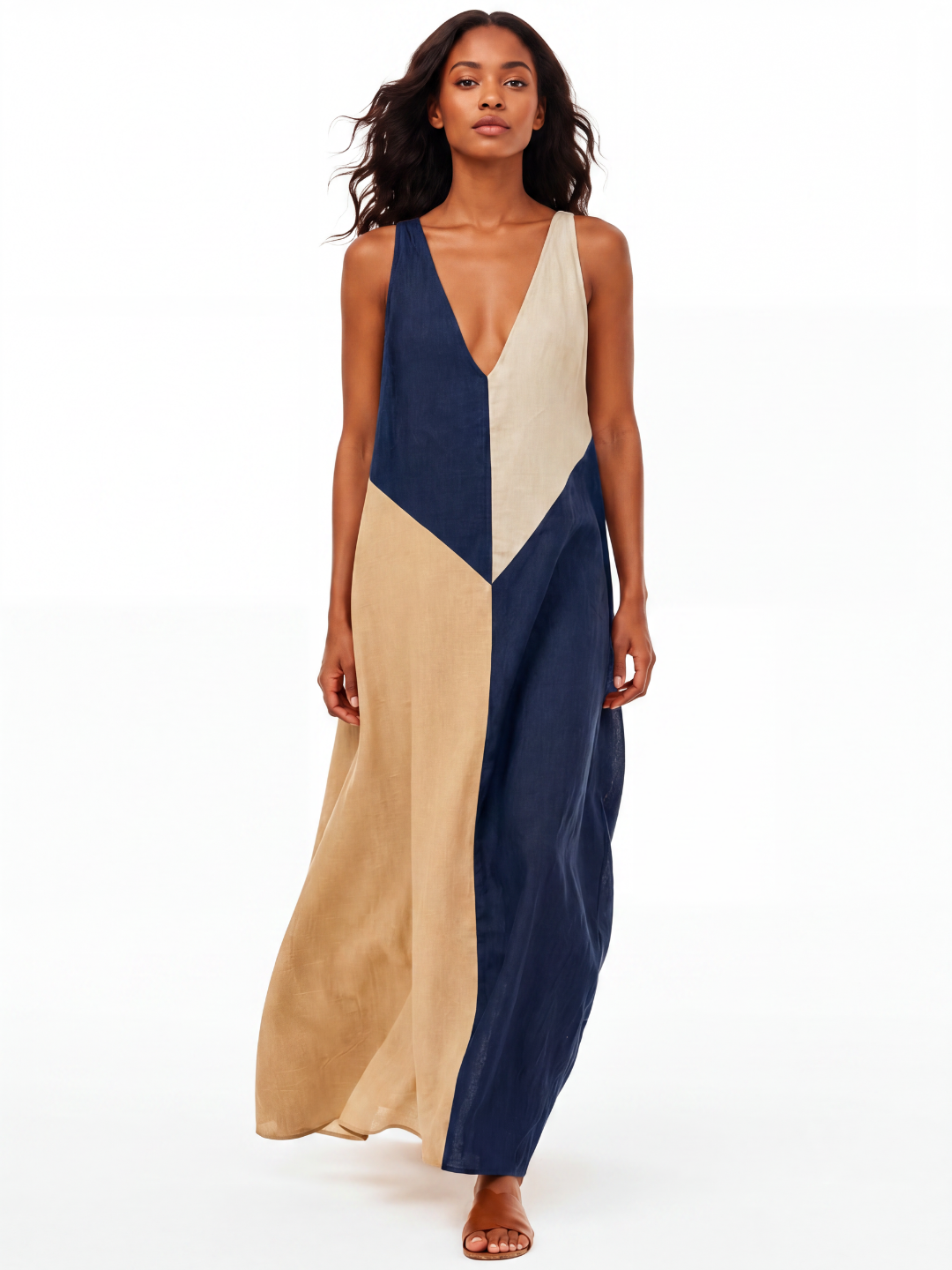 PERSEPHONE Women's Colorblock V-Neck Sleeveless Maxi Dress