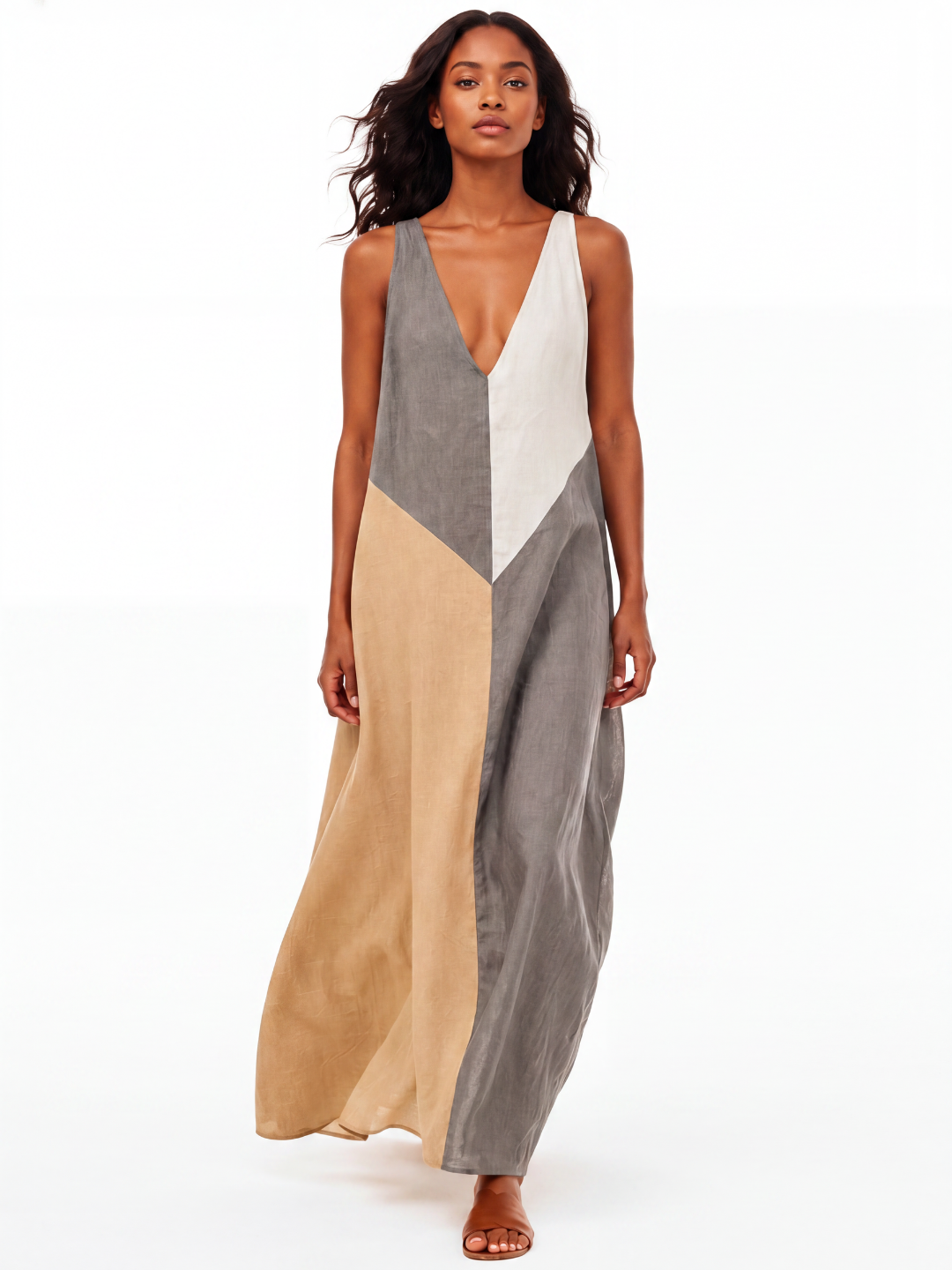 PERSEPHONE Women's Colorblock V-Neck Sleeveless Maxi Dress