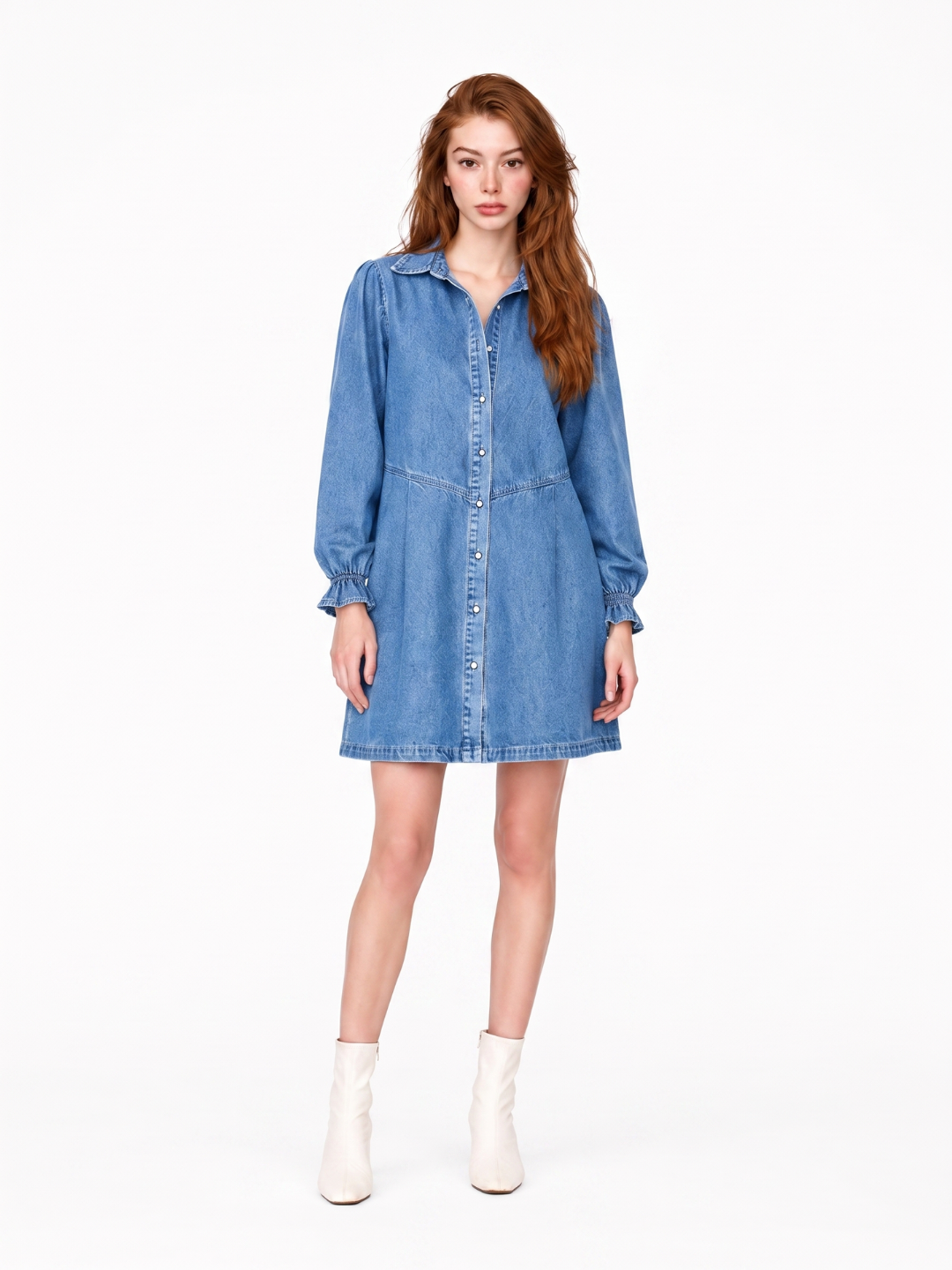 WRENLEY Women's Long Sleeve Washed Denim Button-Front Mini Dress