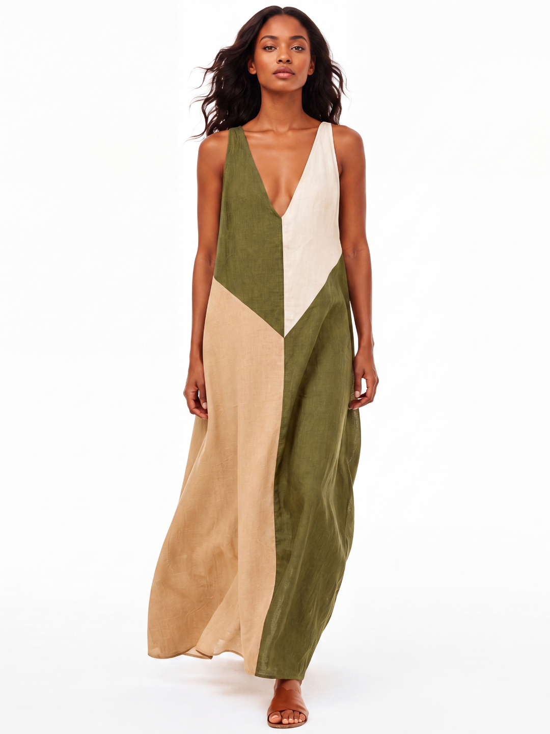 PERSEPHONE Women's Colorblock V-Neck Sleeveless Maxi Dress